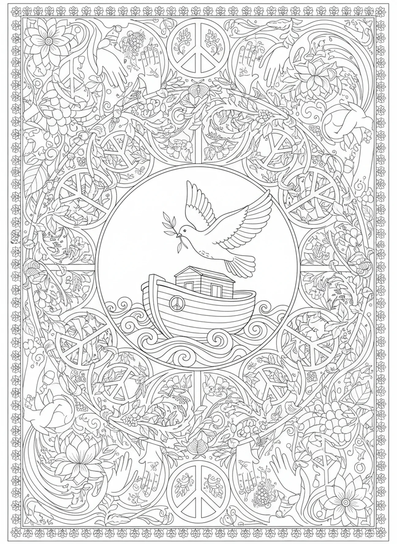 Paloma sobre el arca, Proverbios 3:5 Confía en el Señor página para colorear para adultos estilo de journaling bíblico.