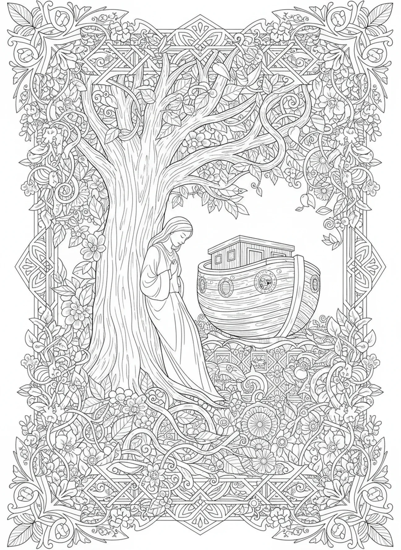 Figura apoyada contra un árbol, Proverbios 3:5 Página para colorear de confianza en el Señor estilo journaling bíblico para adultos.