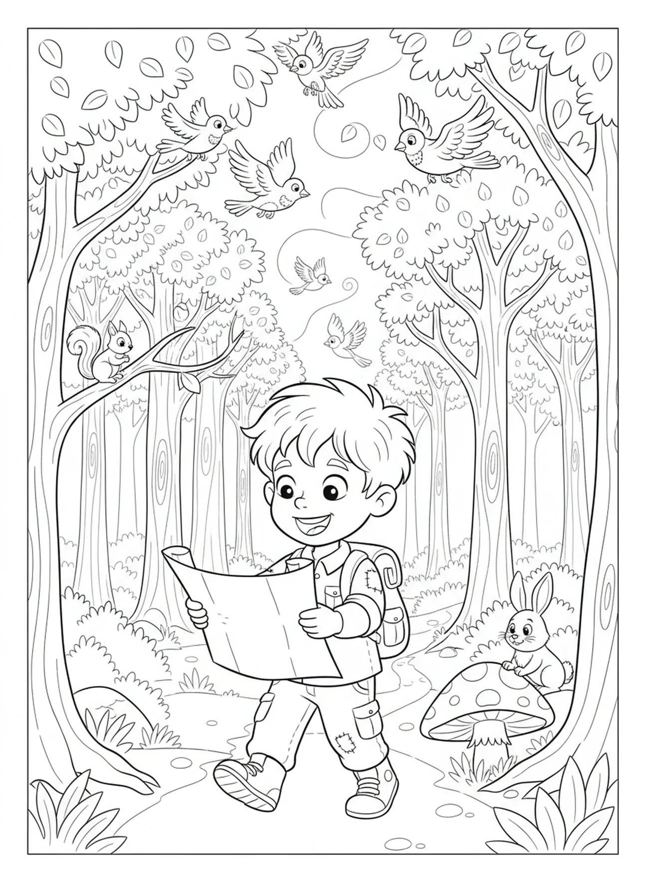 Kind hält eine Karte im Wald, Sprüche 3,5 Vertraue auf den Herrn Malvorlage für Kinder im Alter von 5-10 Jahren.