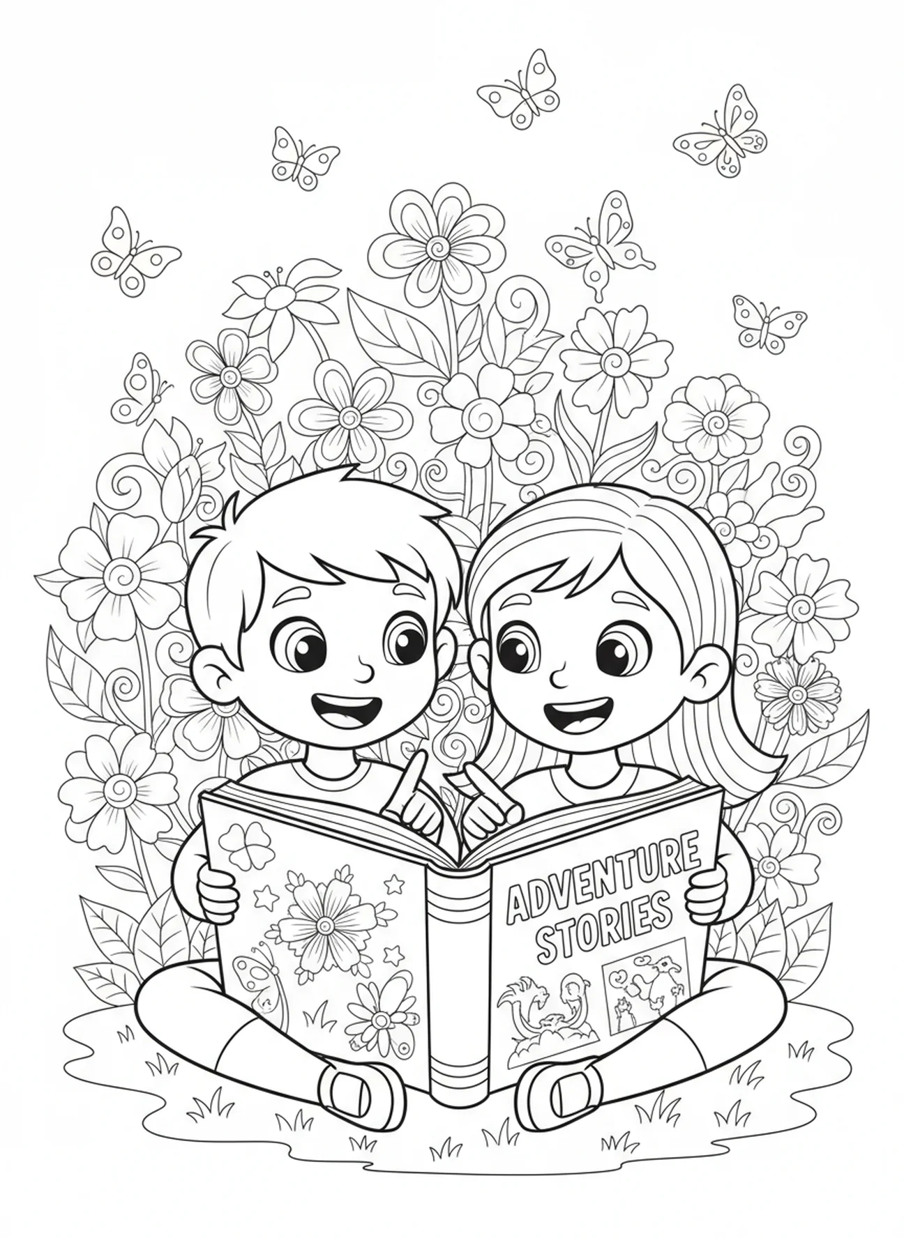 Kinder, die ein Buch teilen, Sprüche 3,5 Vertrauen auf den Herrn Malvorlage für Kinder im Alter von 5-10 Jahren.
