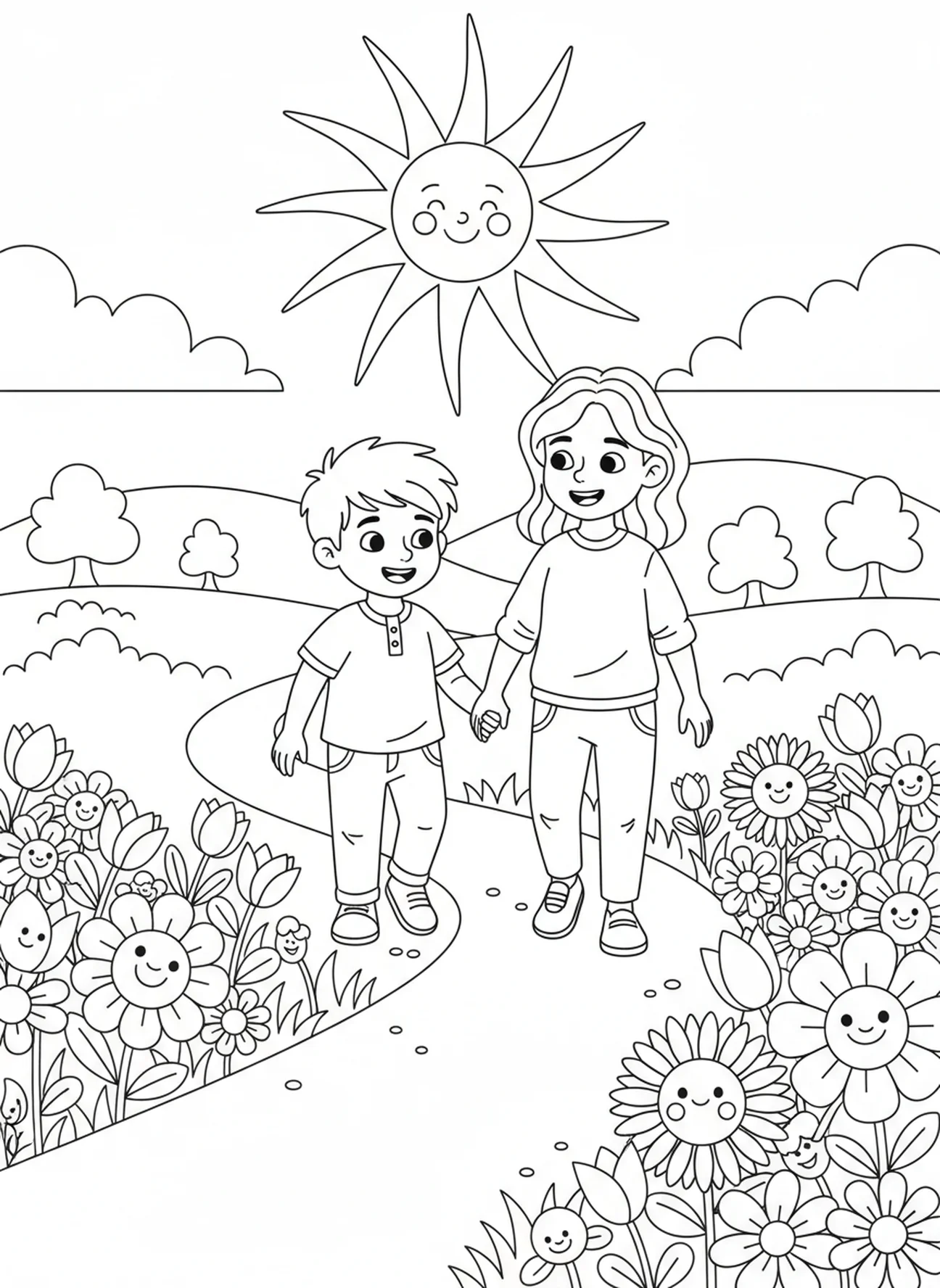 Kind geht einen Weg mit einem Erwachsenen, Sprüche 3,5 Vertrauen auf den Herrn Malvorlage für Kinder im Alter von 5-10 Jahren.