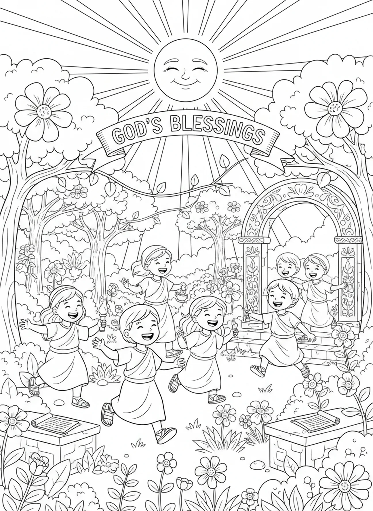 Crianças brincando no jardim, Provérbios 3:5 Possa confiar no Senhor página para colorir para crianças da Escola Dominical de 5 a 12 anos.