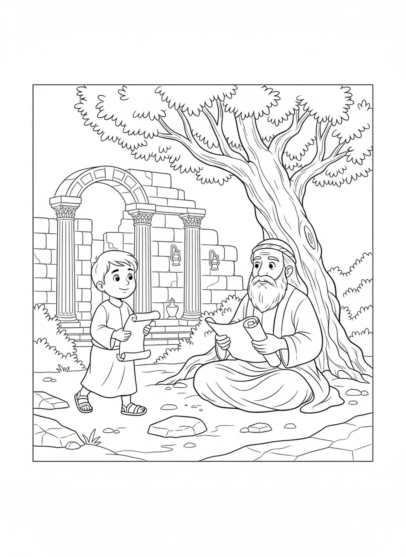 Criança conversando com um ancião, Provérbios 3:5 Confia no Senhor página para colorir para crianças da Escola Dominical de 5 a 12 anos.