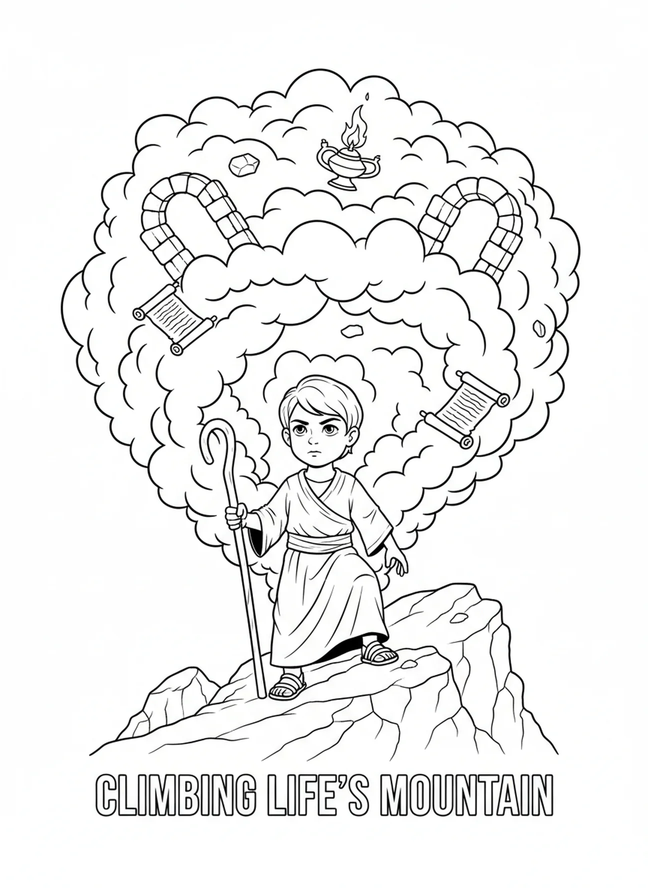 Criança subindo uma colina com um cajado, Provérbios 3:5 Página para colorir sobre confiar no Senhor para crianças da Escola Dominical de 5 a 12 anos.