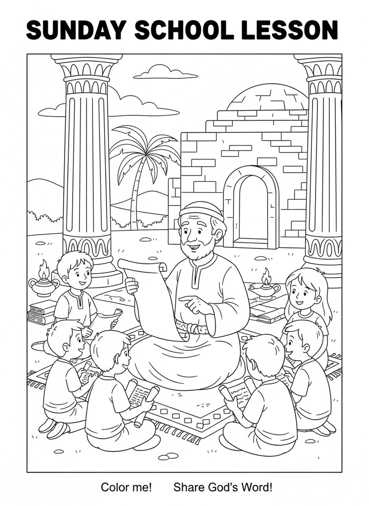 Homem sábio ensinando crianças, Provérbios 3:5 Confia no Senhor página para colorir para crianças da Escola Dominical de 5 a 12 anos.
