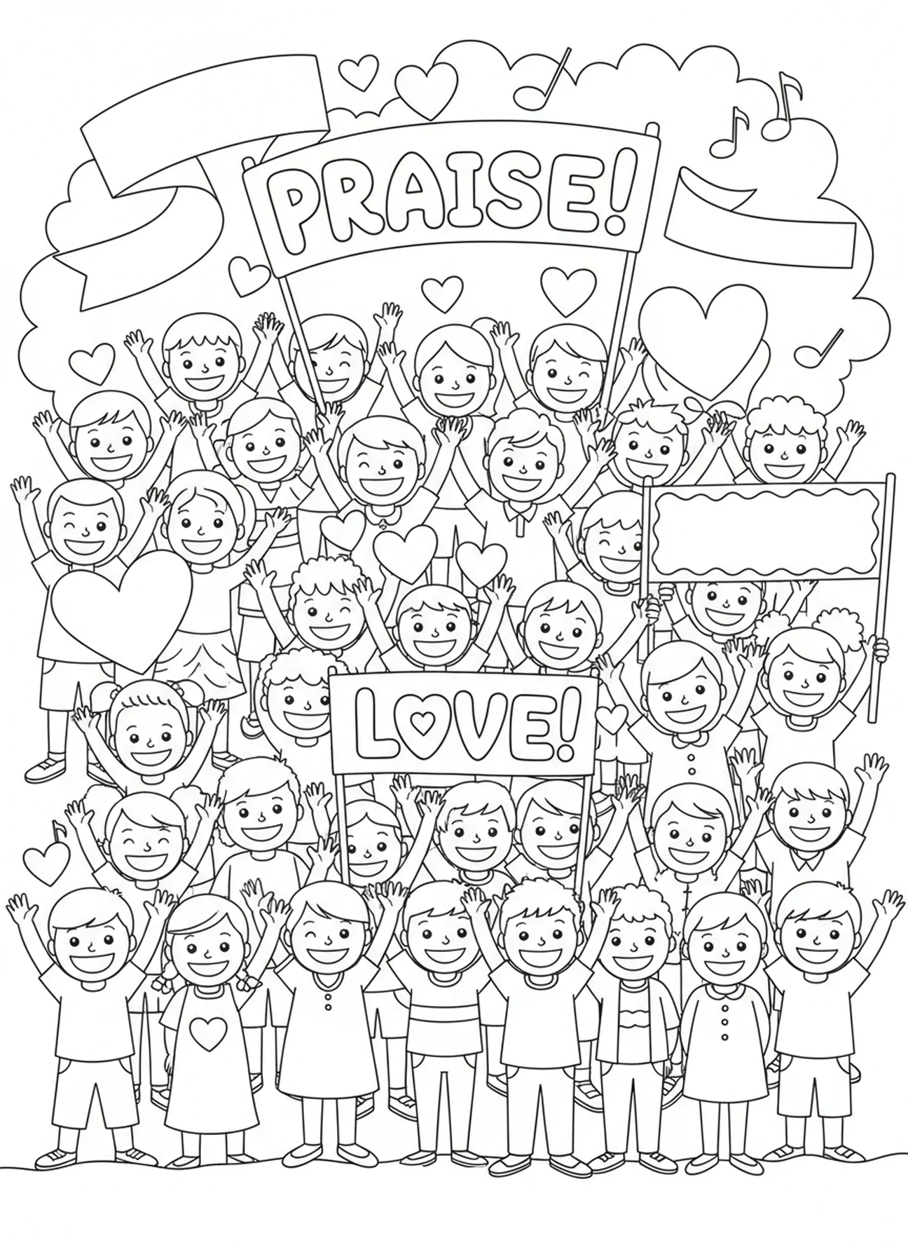 Menschenmenge mit erhobenen Herzen und Händen, Sprüche 3, 6 Ausmalbild für Kinder im Alter von 5-10 Jahren.