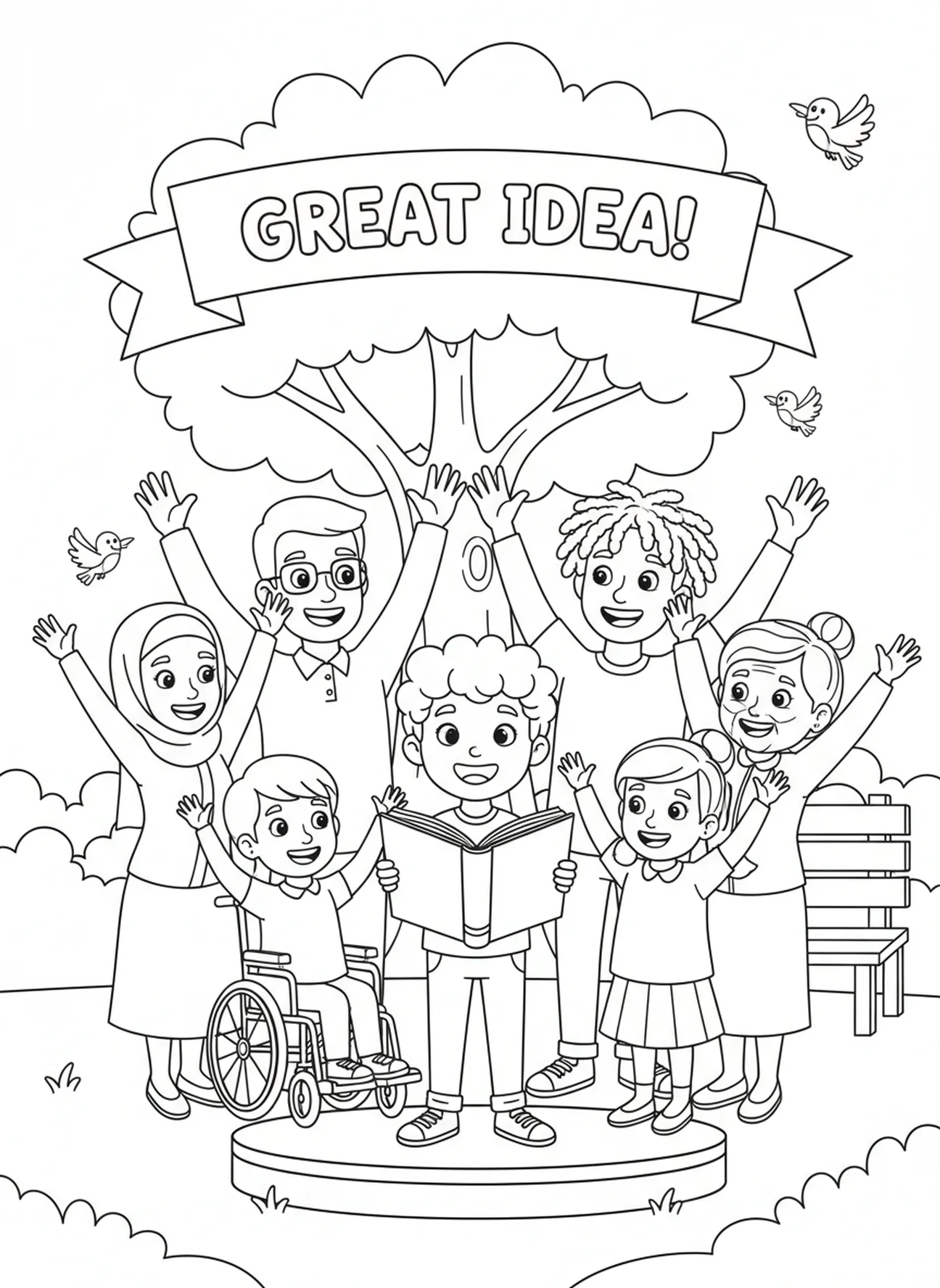 Gruppe von Menschen, die zuhören, Sprüche 3,6 Anerkenne ihn Malvorlage für Kinder im Alter von 5-10 Jahren.