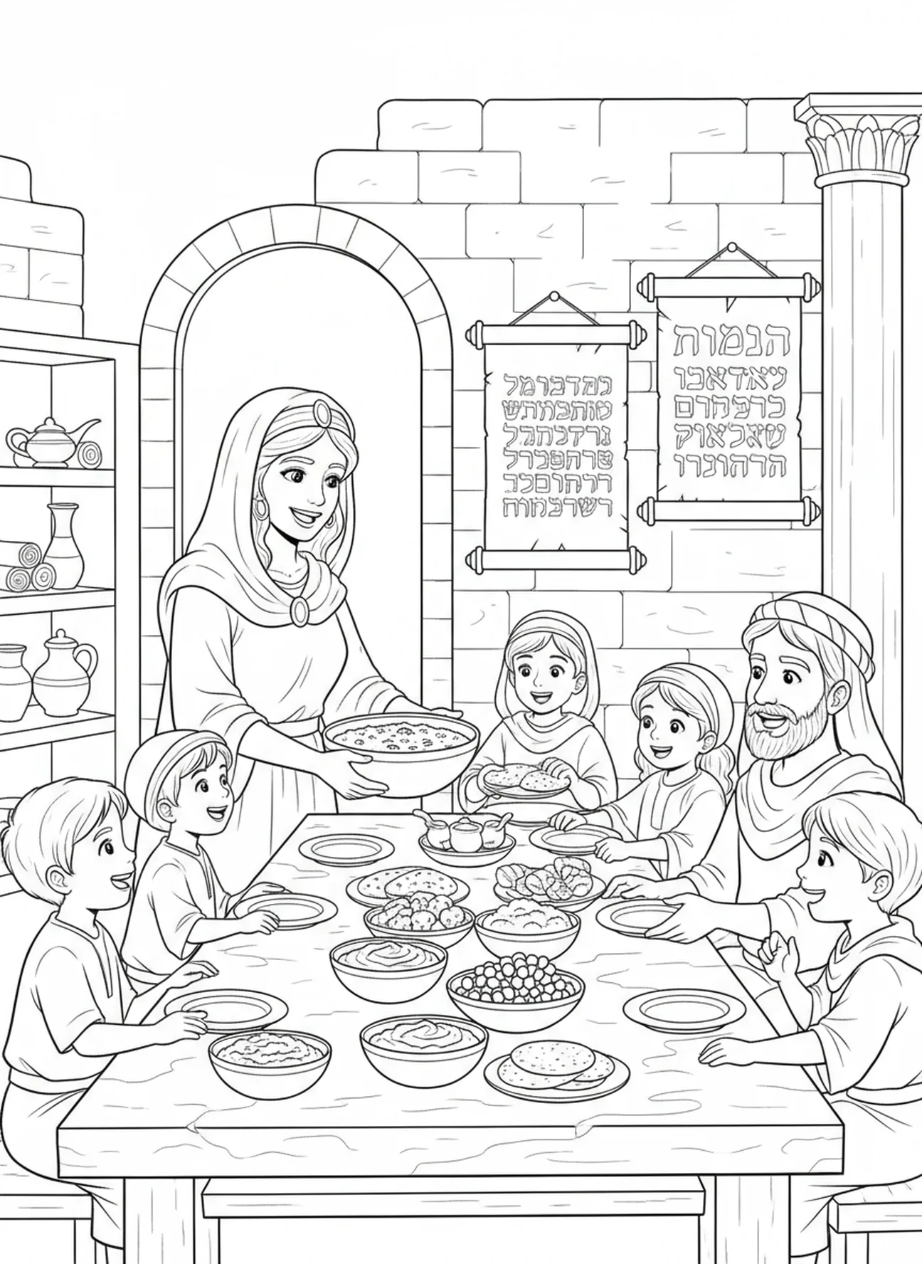 Mujer virtuosa sirviendo comida a la familia, página para colorear de la Mujer Virtuosa de Proverbios 31 para niños de Escuela Dominical de 5 a 12 años.