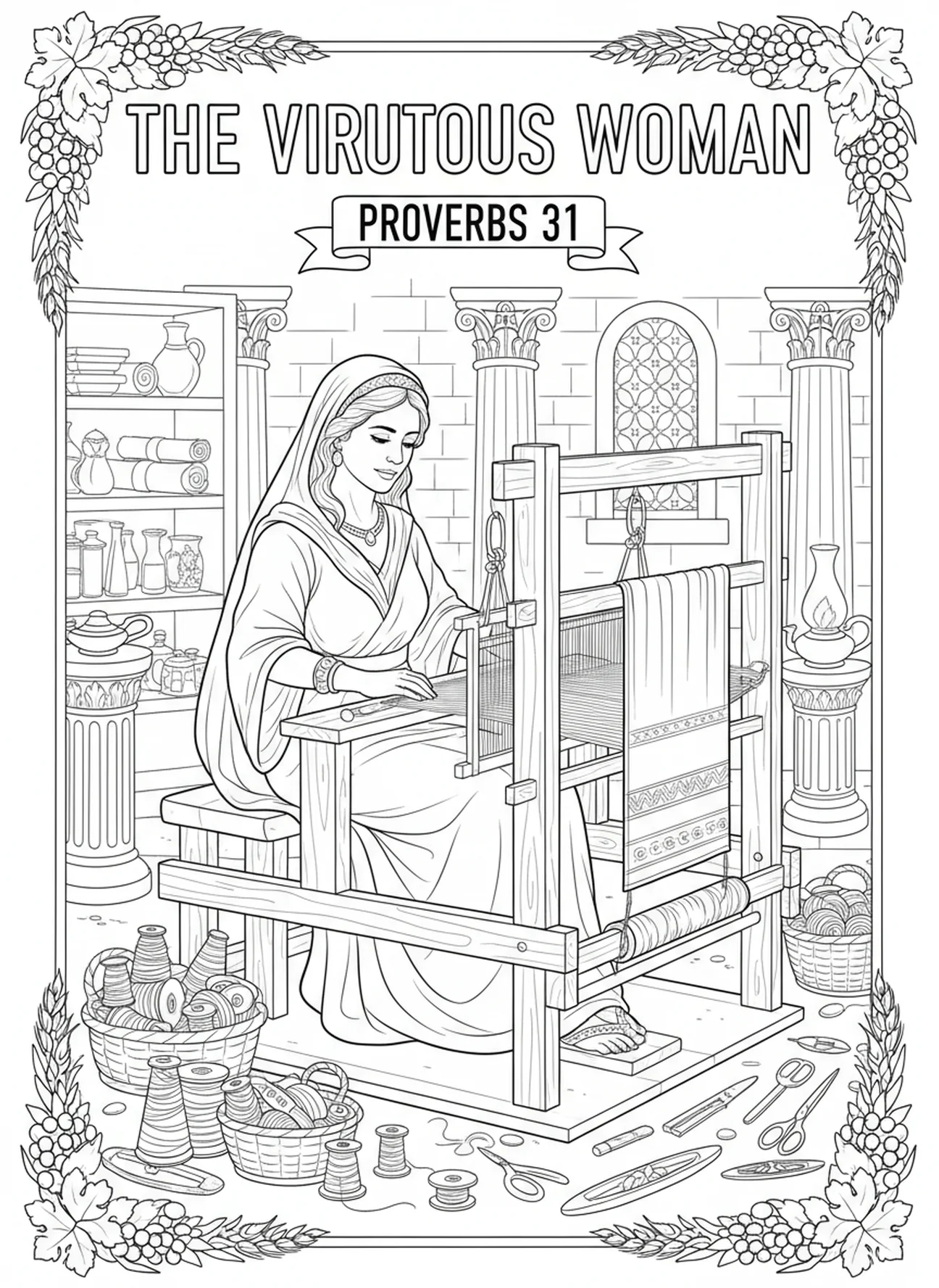 Mujer virtuosa tejiendo tela, página para colorear de la Mujer Virtuosa de Proverbios 31 para niños de Escuela Dominical de 5 a 12 años.