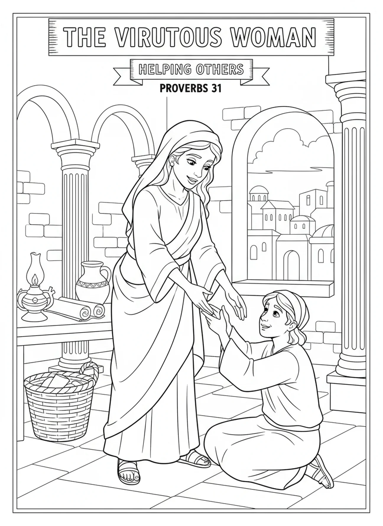 Mujer virtuosa ayudando a su vecino, página para colorear de la Mujer Virtuosa de Proverbios 31 para niños de Escuela Dominical de 5 a 12 años.