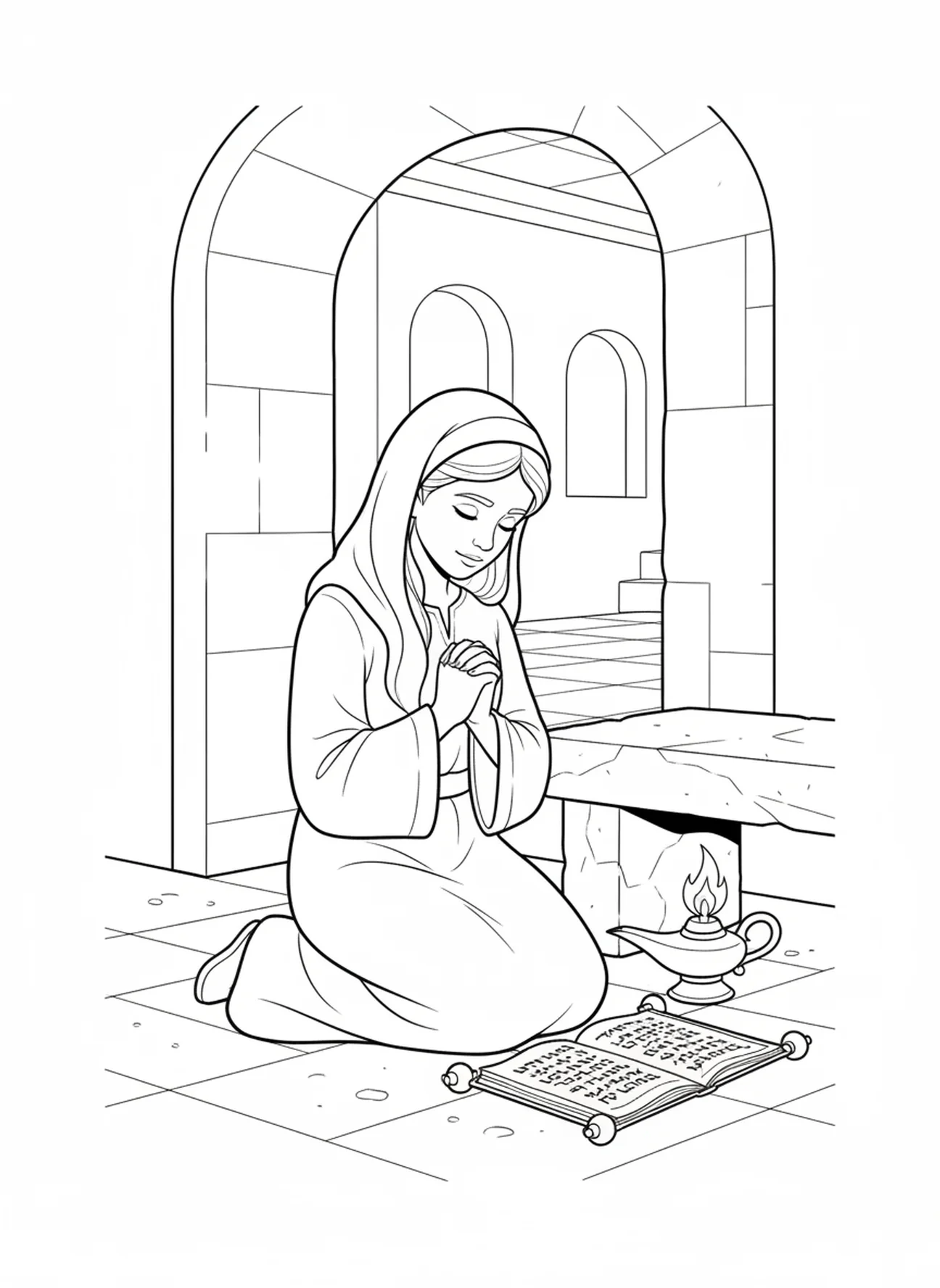 Mujer virtuosa arrodillada en oración, página para colorear de la Mujer Virtuosa de Proverbios 31 para niños de Escuela Dominical de 5 a 12 años.