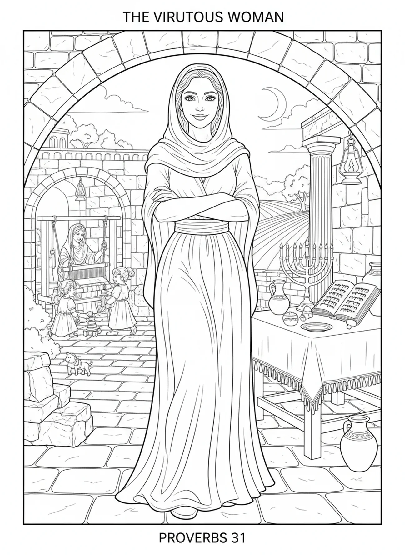Retrato de mujer virtuosa con su hogar, página para colorear de la Mujer Virtuosa de Proverbios 31 para niños de Escuela Dominical de 5 a 12 años.