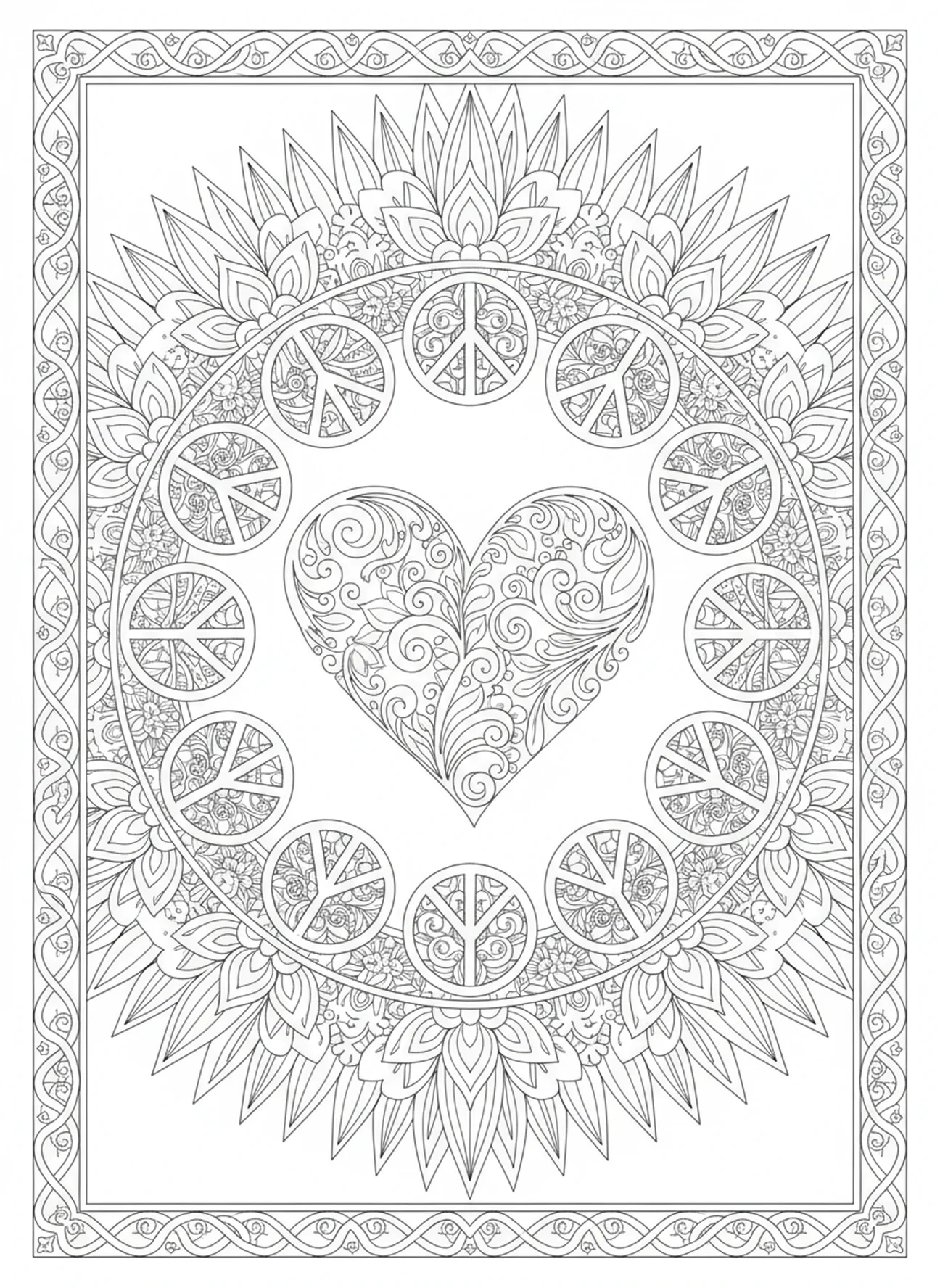 Herz mit Friedenssymbolen und Mandala-Mustern, Sprüche 4, 23 Bewahre dein Herz Ausmalbild für Erwachsene im Stil des Bibeljournaling.