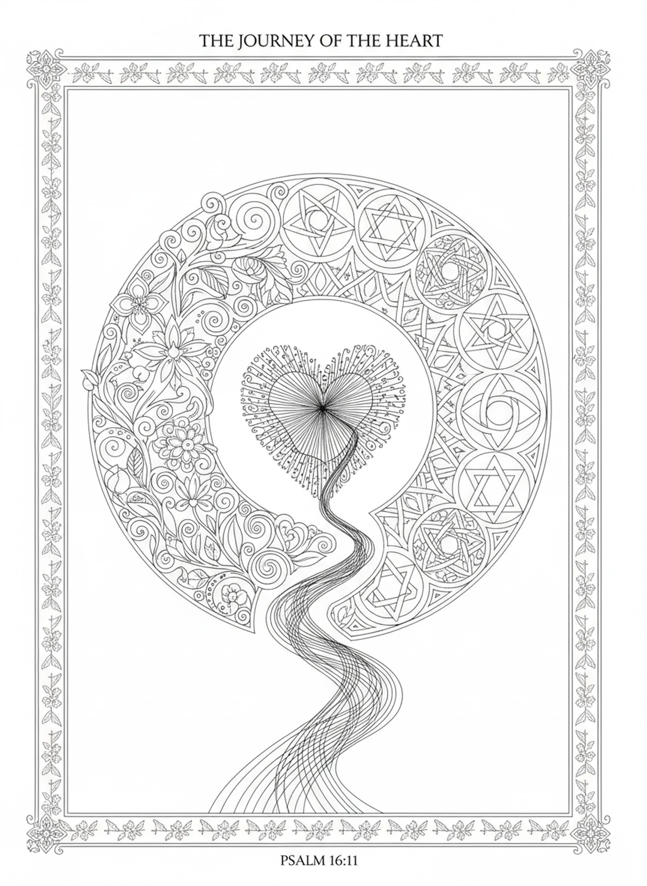 Winding path leading to heart, Sprüche 4,23 Bewahre dein Herz Ausmalbild für Erwachsene im Stil des Bibeljournaling.