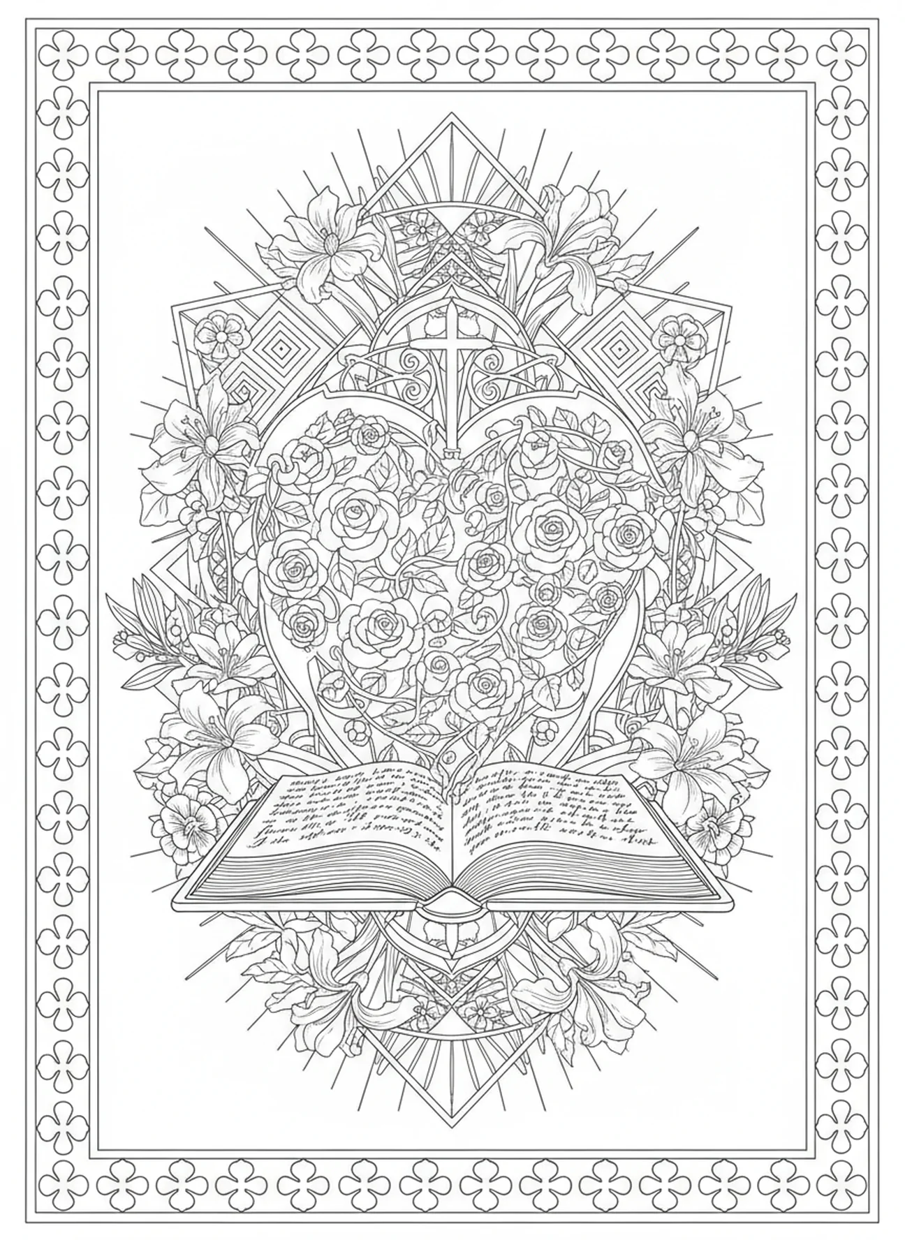 Offenes Buch mit einem Herzen, das herauskommt, Sprüche 4,23 Bewahre dein Herz Ausmalbild für Erwachsene im Stil des Bibeljournaling.