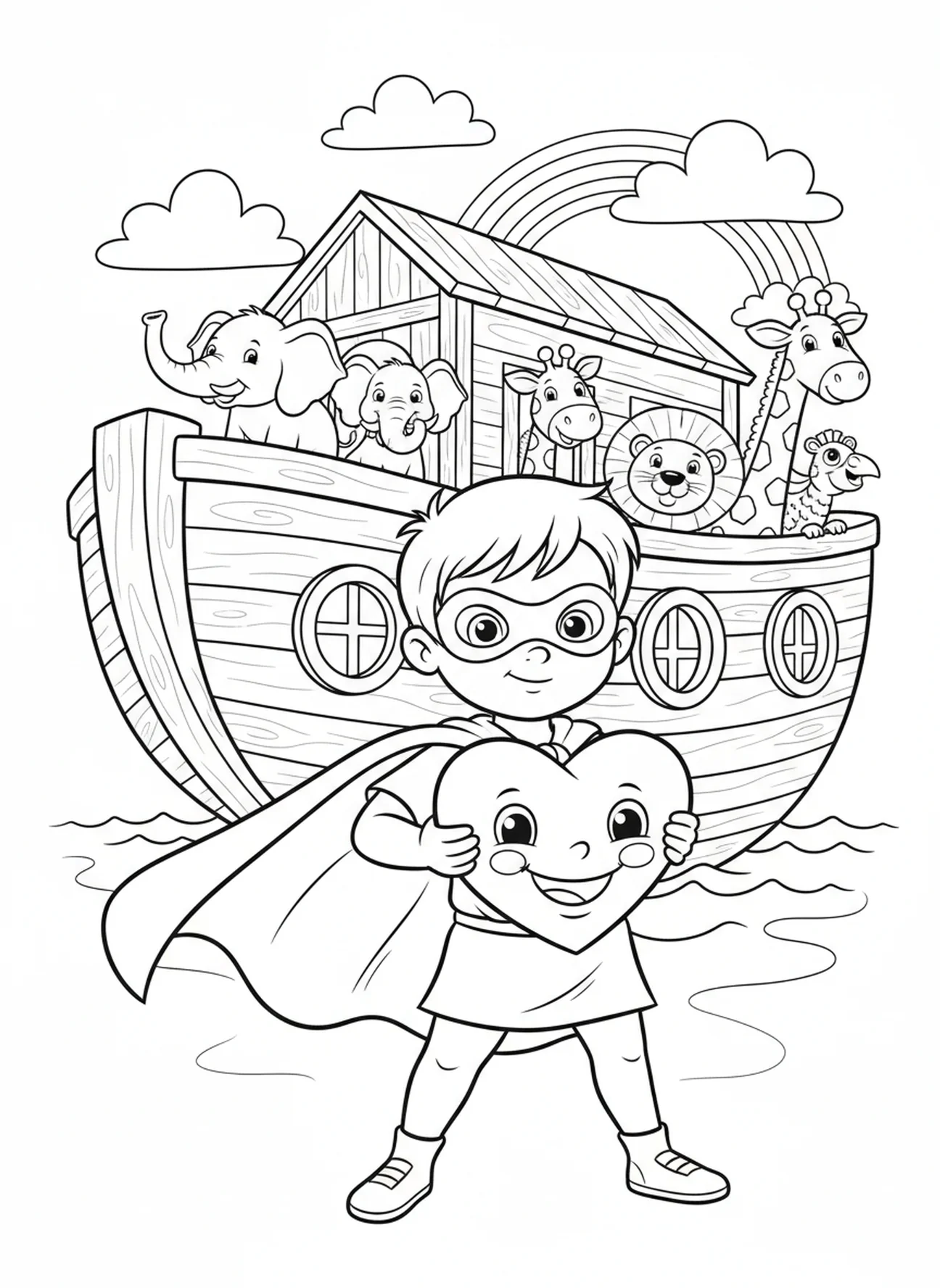 Enfant portant une cape et tenant un cœur, Proverbes 4:23 Garde ton cœur page à colorier pour les enfants de 5 à 10 ans.