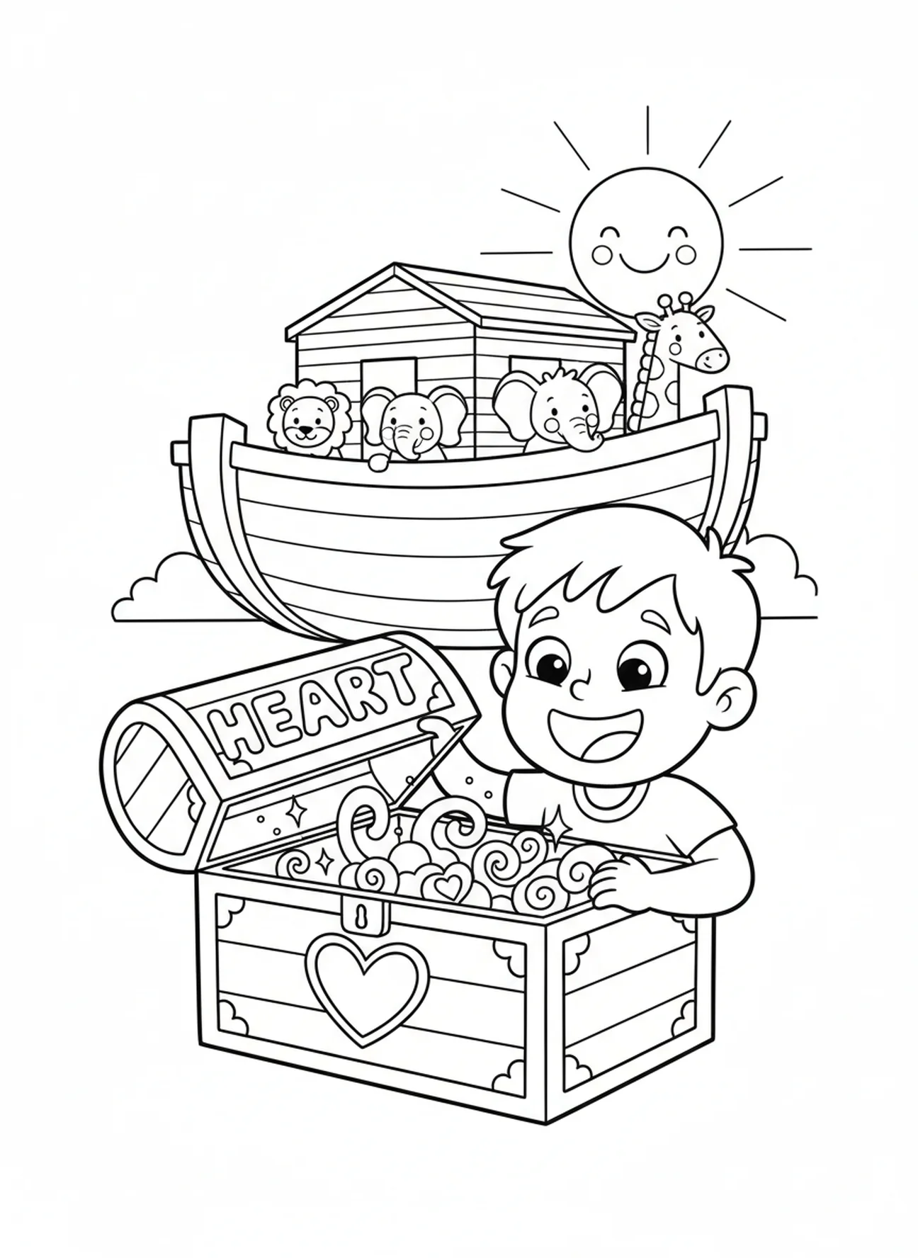 Enfant vérifiant une boîte au trésor, Proverbes 4:23 Gardez votre cœur page à colorier pour les enfants de 5 à 10 ans.
