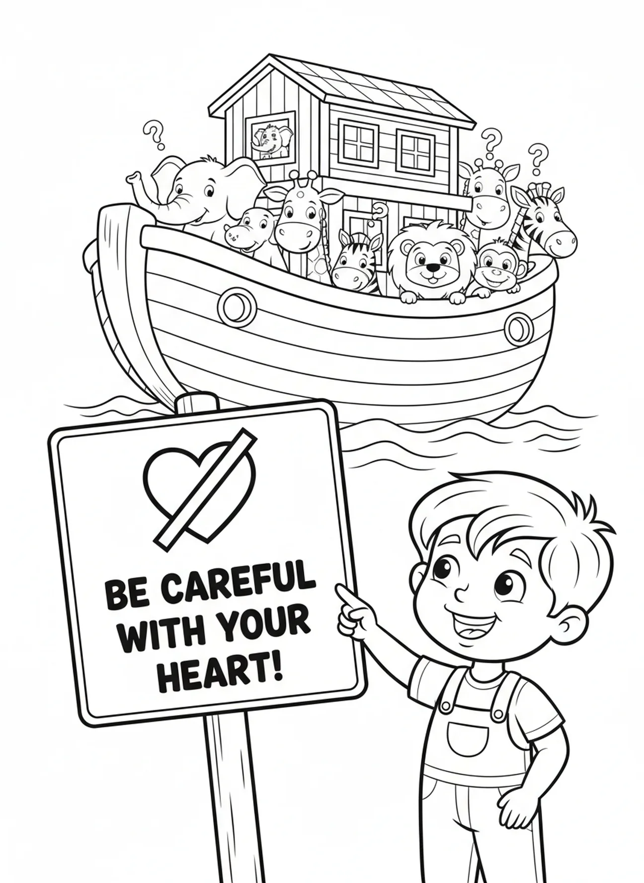 Enfant pointant vers un panneau d'avertissement, Proverbes 4:23 Gardez votre cœur page à colorier pour les enfants de 5 à 10 ans.