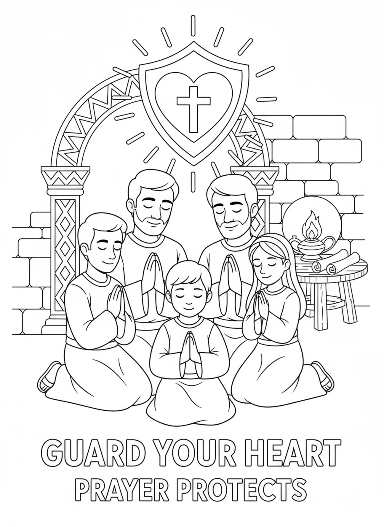 Familia en oración, Proverbios 4:23 Guarda tu corazón, página para colorear para niños de Escuela Dominical de 5 a 12 años.