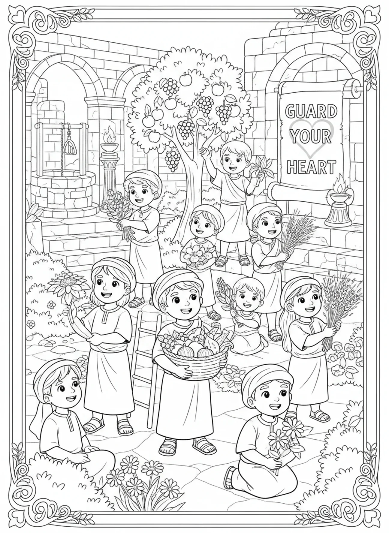 Niños recolectando bendiciones, Proverbios 4:23 Guarda tu corazón página para colorear para niños de Escuela Dominical de 5 a 12 años.