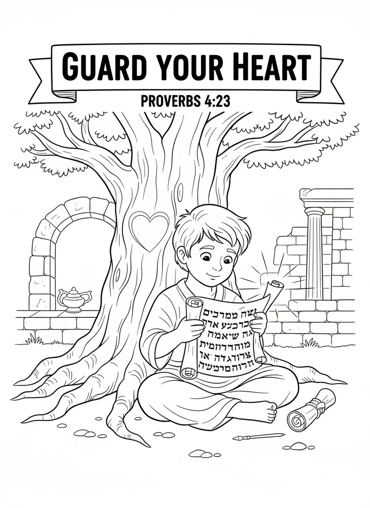 Niño leyendo un pergamino, Proverbios 4:23 Guarda tu corazón, página para colorear para niños de la Escuela Dominical de 5 a 12 años.