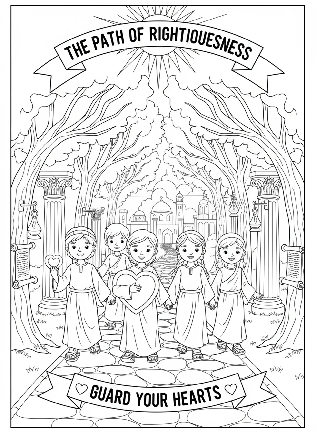 Niños en un camino, Proverbios 4:23 Guarda tu corazón, página para colorear para niños de Escuela Dominical de 5 a 12 años.