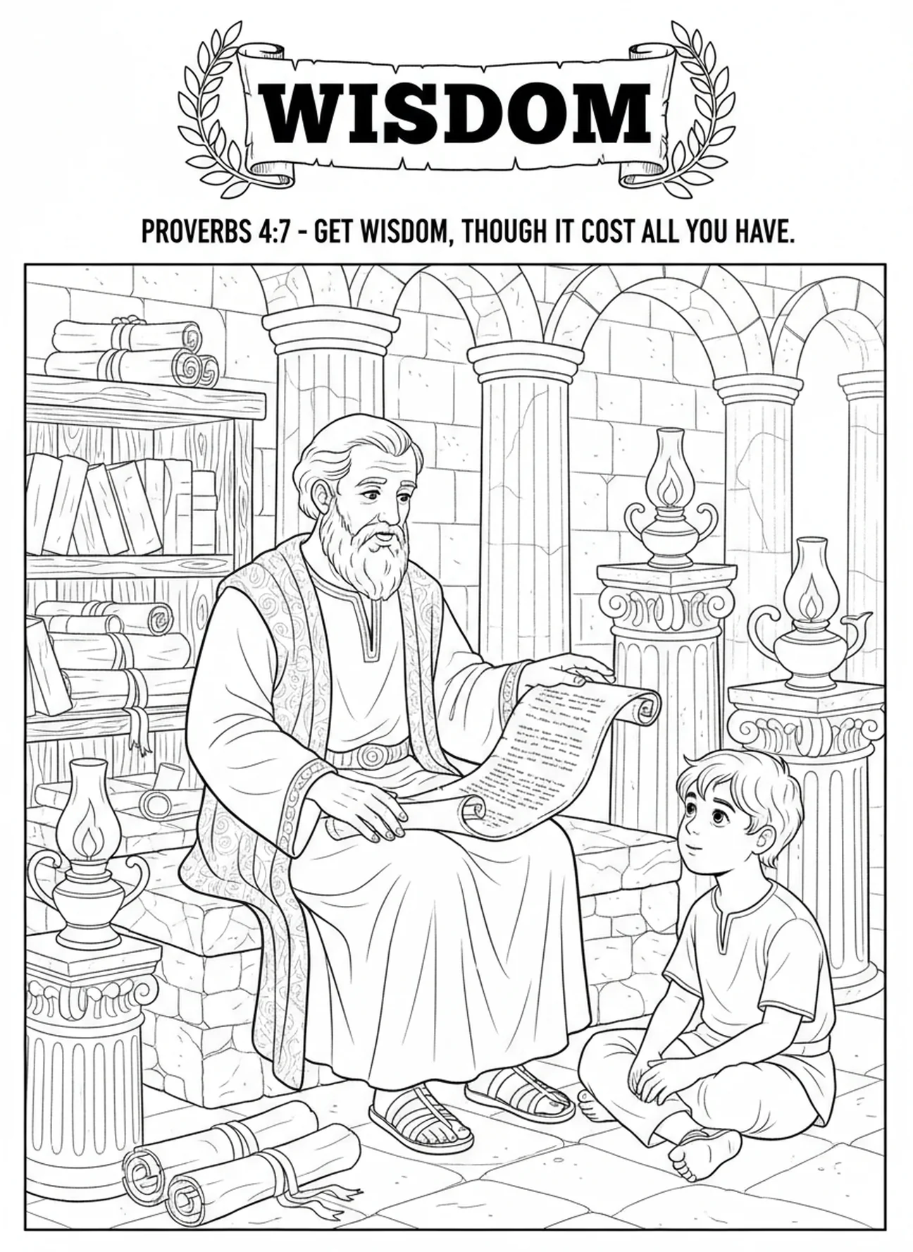 Anciano dando consejos, Proverbios 4:23 Guarda tu corazón, página para colorear para niños de Escuela Dominical de 5 a 12 años.