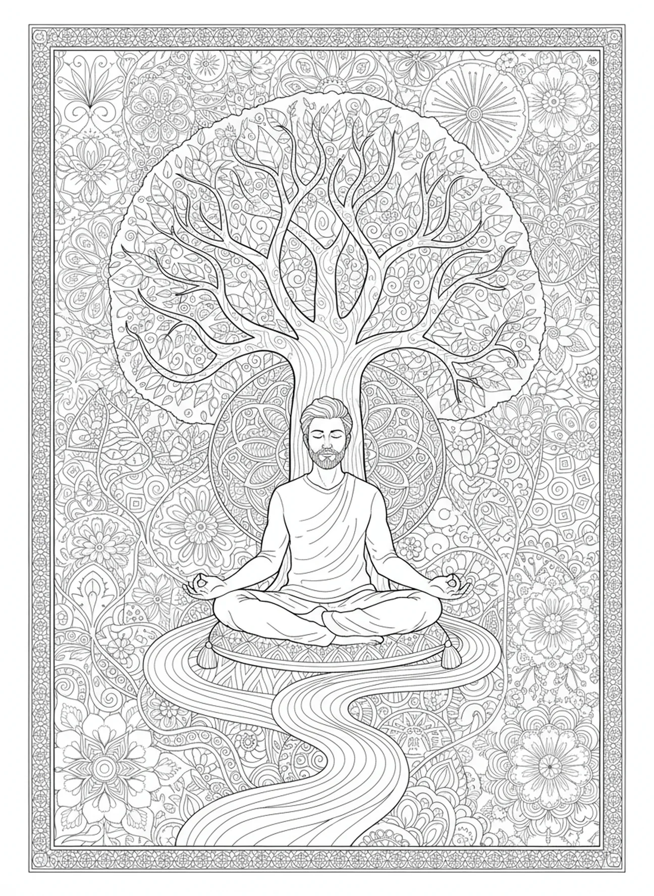 Homem abençoado meditando sob a árvore, página para colorir do Salmo 1 Homem Abençoado no estilo de journaling bíblico para adultos.