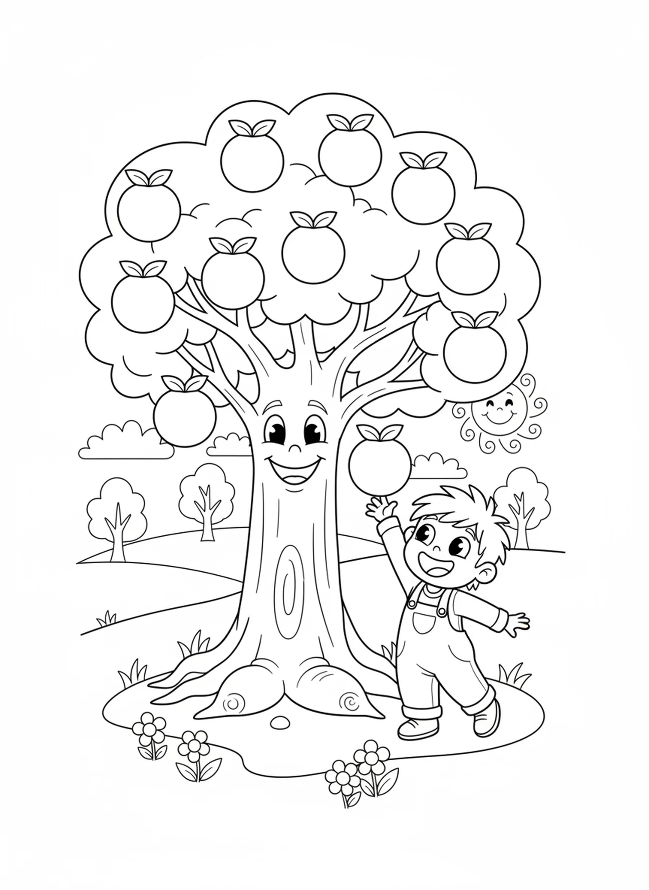 Kind pflückt Früchte, Psalm 1 Baum Malvorlage für Kinder im Alter von 5-10 Jahren.