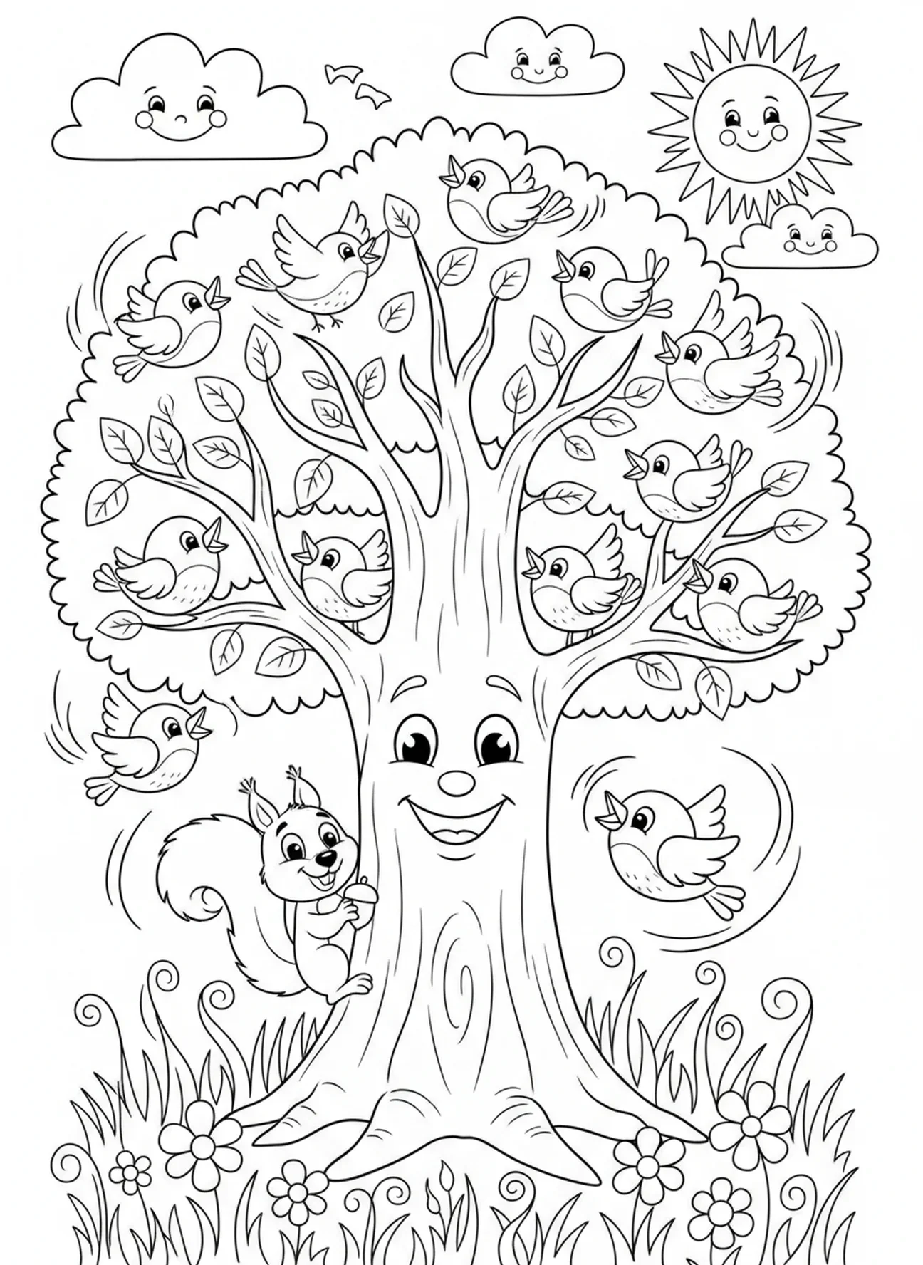 Fröhliche Vögel und ein Eichhörnchen, Psalm 1 Baum Malvorlage für Kinder im Alter von 5-10 Jahren.