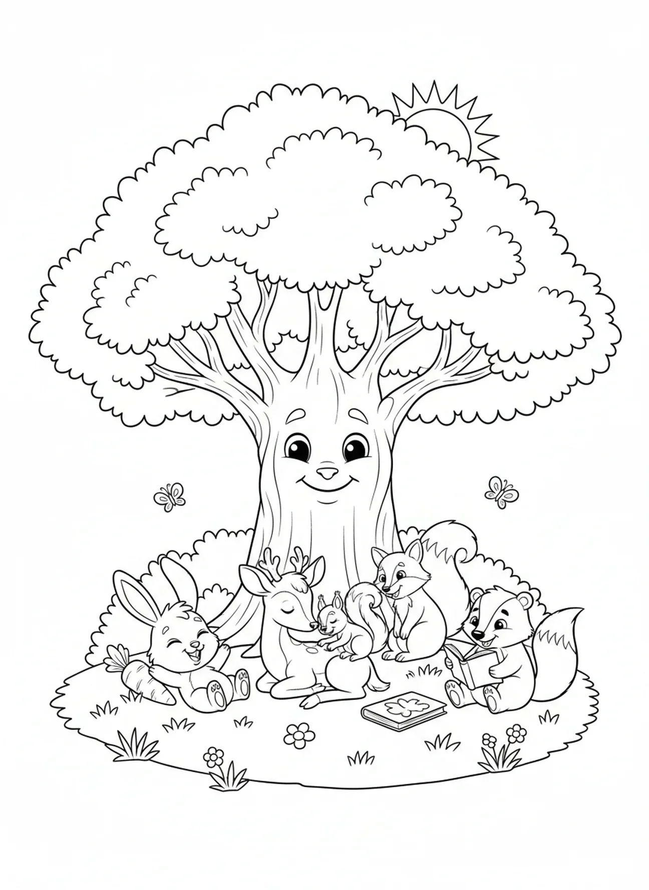 Verspielte Tiere unter dem Baum, Psalm 1 Baum Malvorlage für Kinder im Alter von 5-10 Jahren.