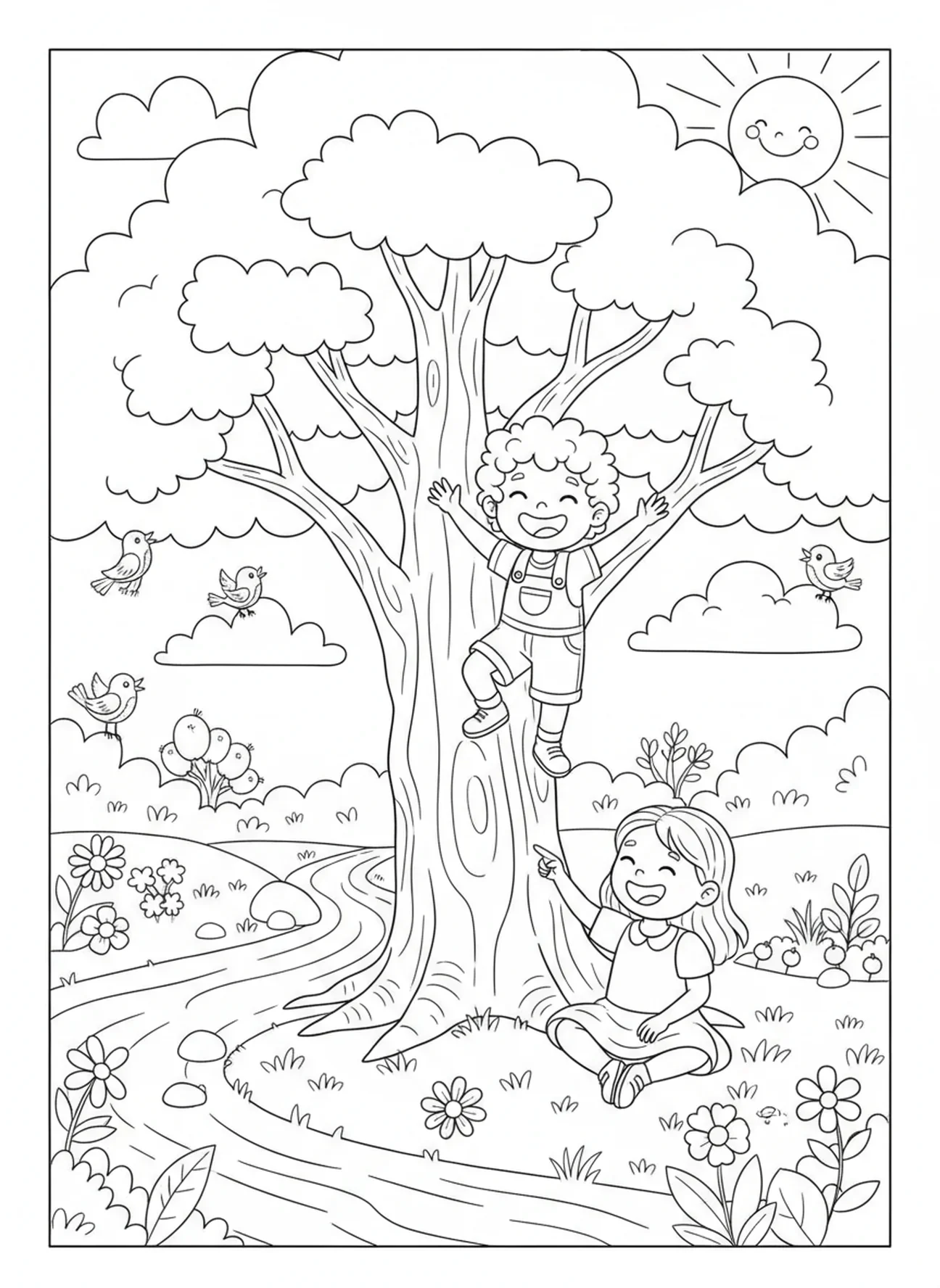 Kinder spielen am Baum, Psalm 1 Baum Malvorlage für Kinder im Alter von 5-10 Jahren.