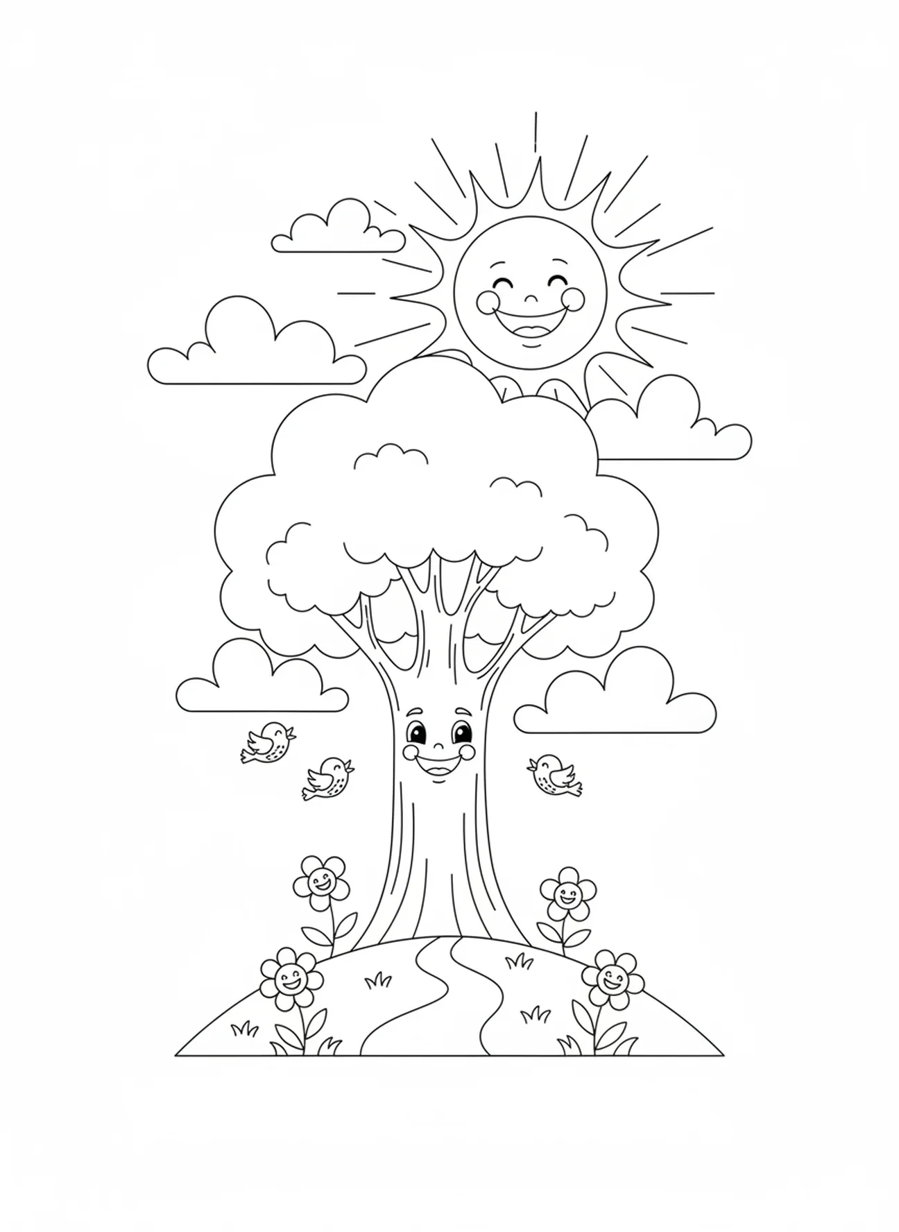 Baum unter lächelnder Sonne, Psalm 1 Malvorlage für Kinder im Alter von 5-10 Jahren.