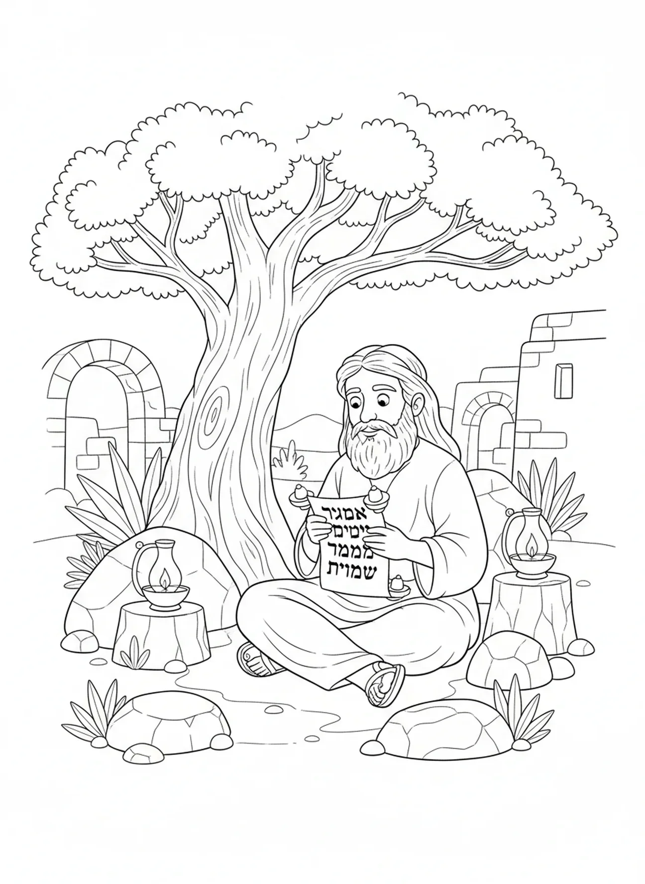 Homme méditant sous un arbre, page à colorier sur le Psaume 1 pour les enfants de l'École du dimanche âgés de 5 à 12 ans.