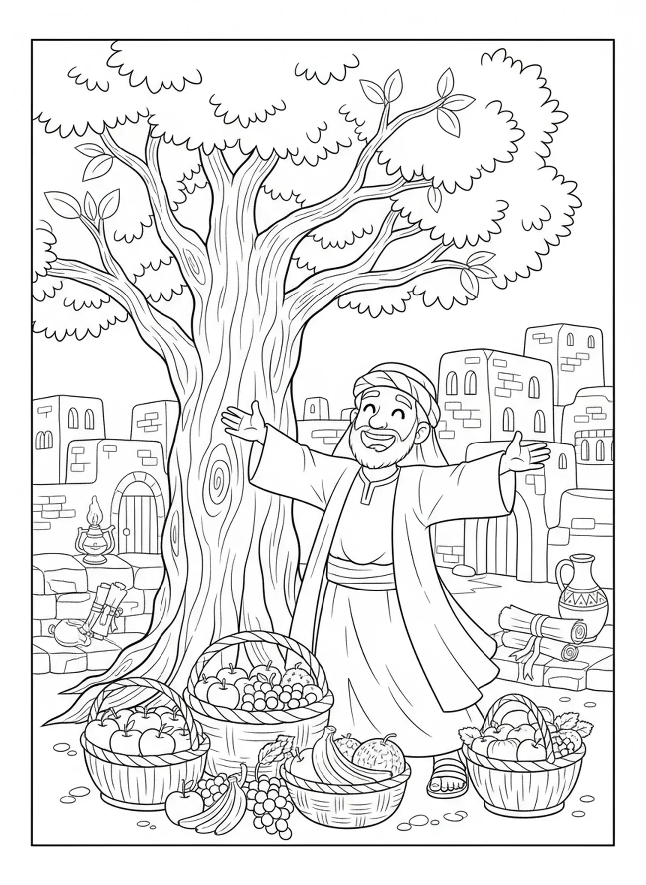 Homme se réjouissant près de l'arbre, page à colorier Psaume 1 pour les enfants de l'École du dimanche âgés de 5 à 12 ans.