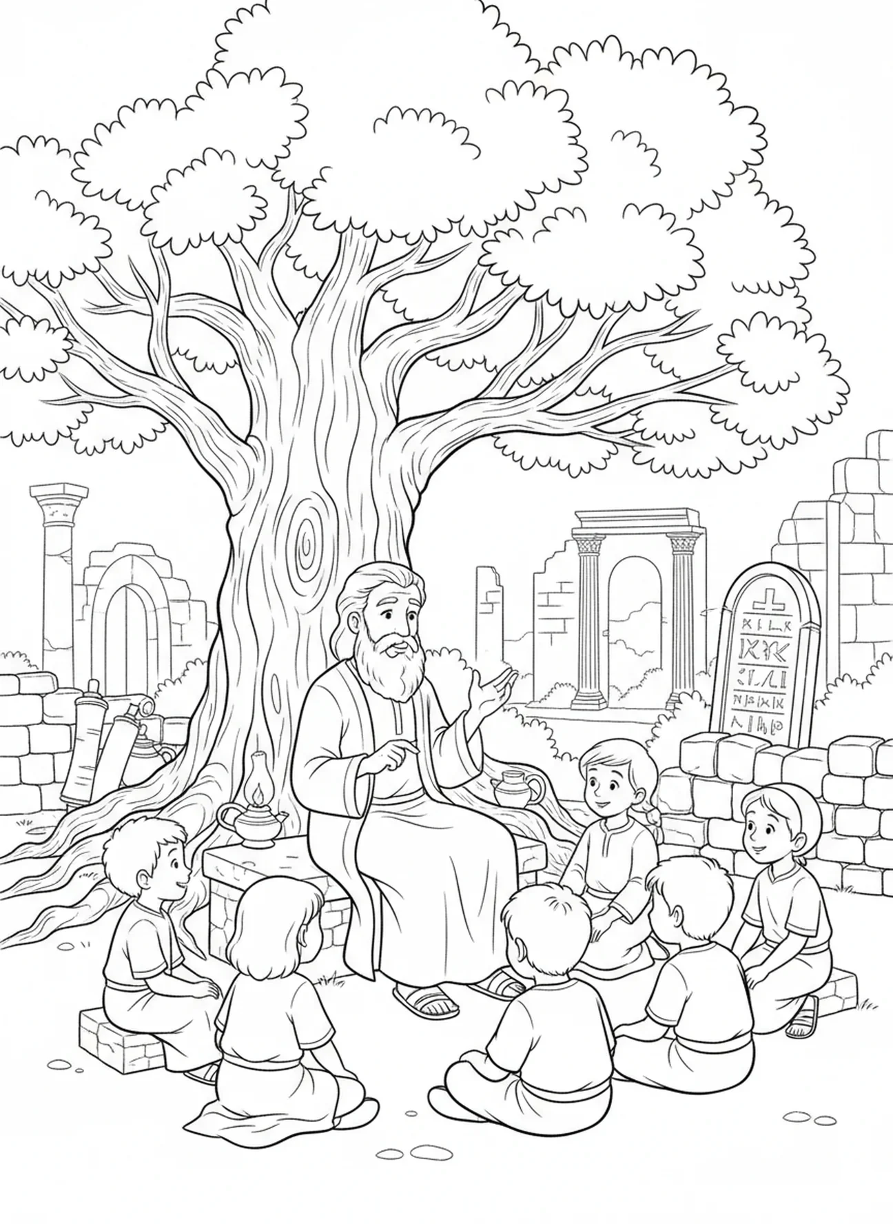 Homme partageant sa sagesse avec des enfants, page à colorier de l'Arbre du Psaume 1 pour les enfants de l'École du dimanche âgés de 5 à 12 ans.
