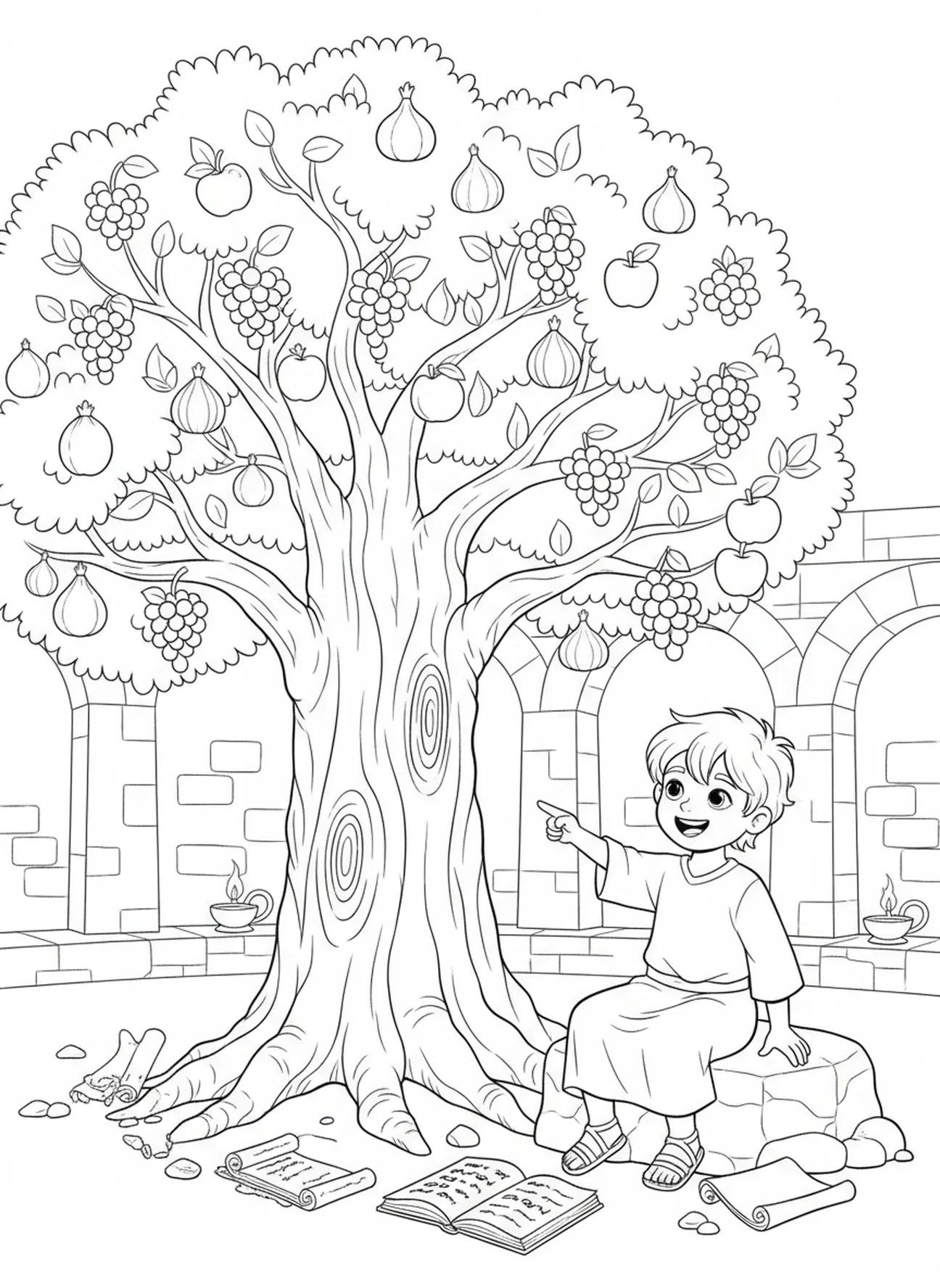Arbre fructueux avec un enfant, page à colorier sur le Psaume 1 pour les enfants de l'École du dimanche âgés de 5 à 12 ans.