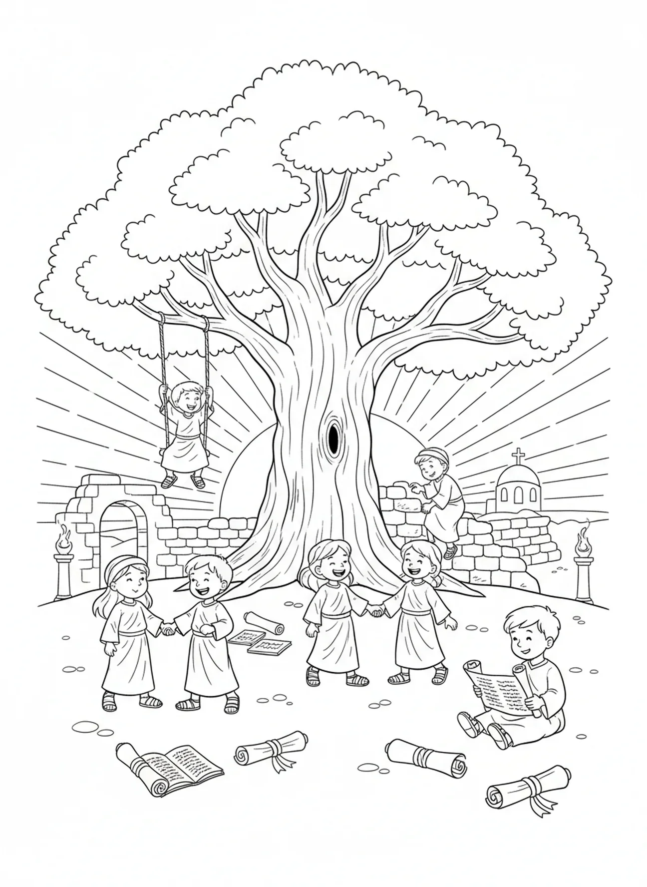 Arbre au coucher de soleil avec des enfants jouant, page à colorier de Psaume 1 pour les enfants de l'École du dimanche âgés de 5 à 12 ans.