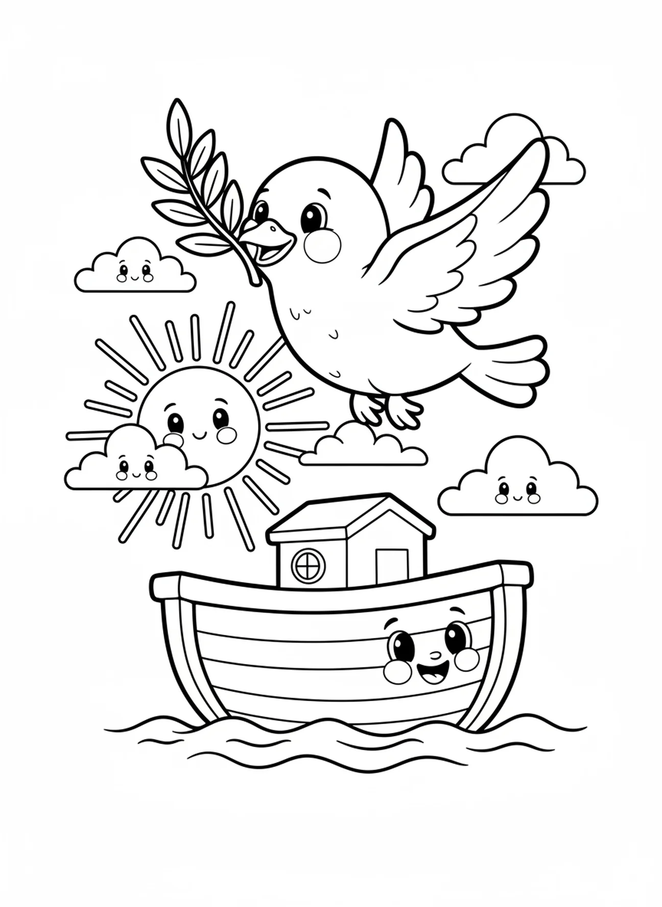 Fröhliche Taube mit Olivenzweig, Psalm 100 Machet die Stimme fröhlich Malvorlage für Vorschulkinder im Alter von 3-5 Jahren.