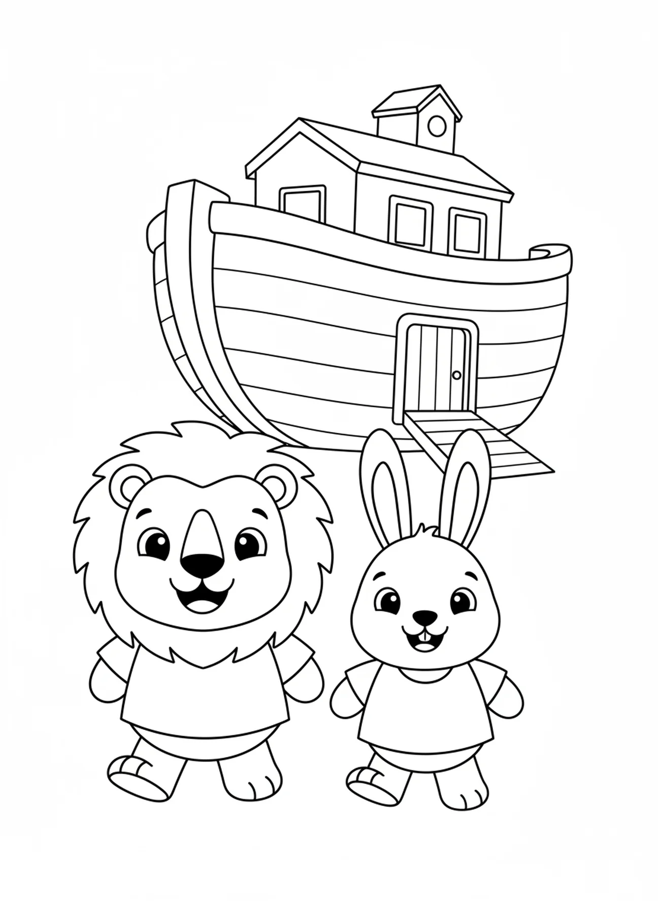 Fröhlicher Löwe und Hase, Psalm 100 Freudevolle Geräusche Malvorlage für Vorschulkinder im Alter von 3-5 Jahren.