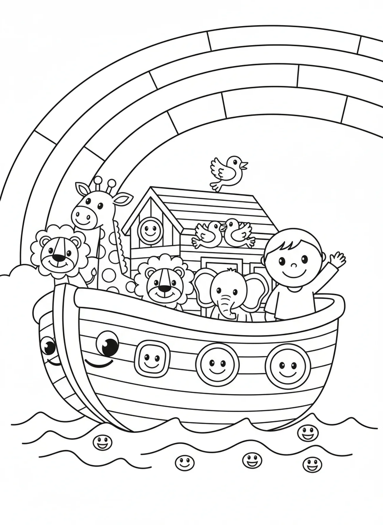 Lebendiger Regenbogen über der Arche, Psalm 100 Freudevolle Geräusche Ausmalbild für Vorschulkinder im Alter von 3-5 Jahren.