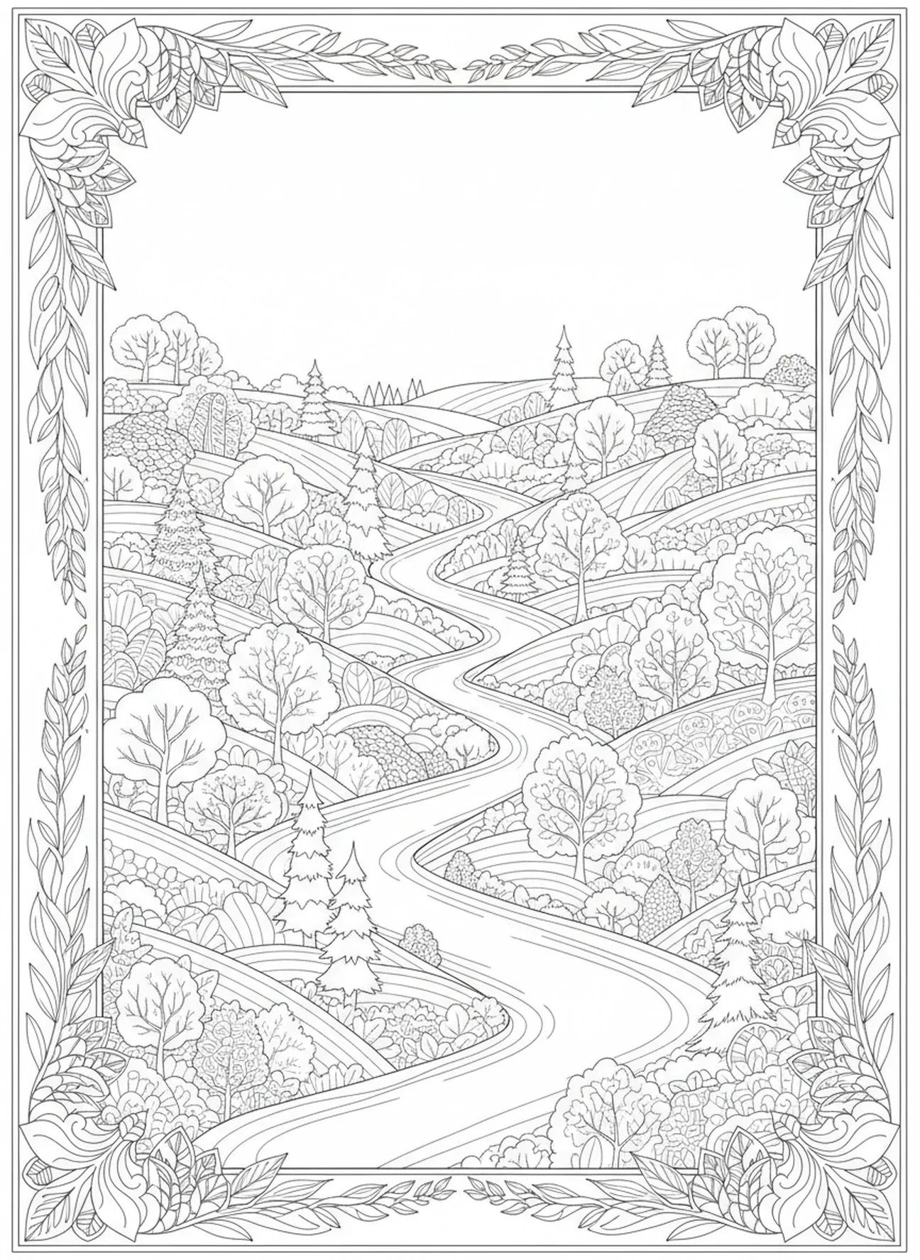 Wunderschöne Landschaft mit Hügeln, Psalm 100 Ausmalbild für Erwachsene im Stil des Bibeljournaling