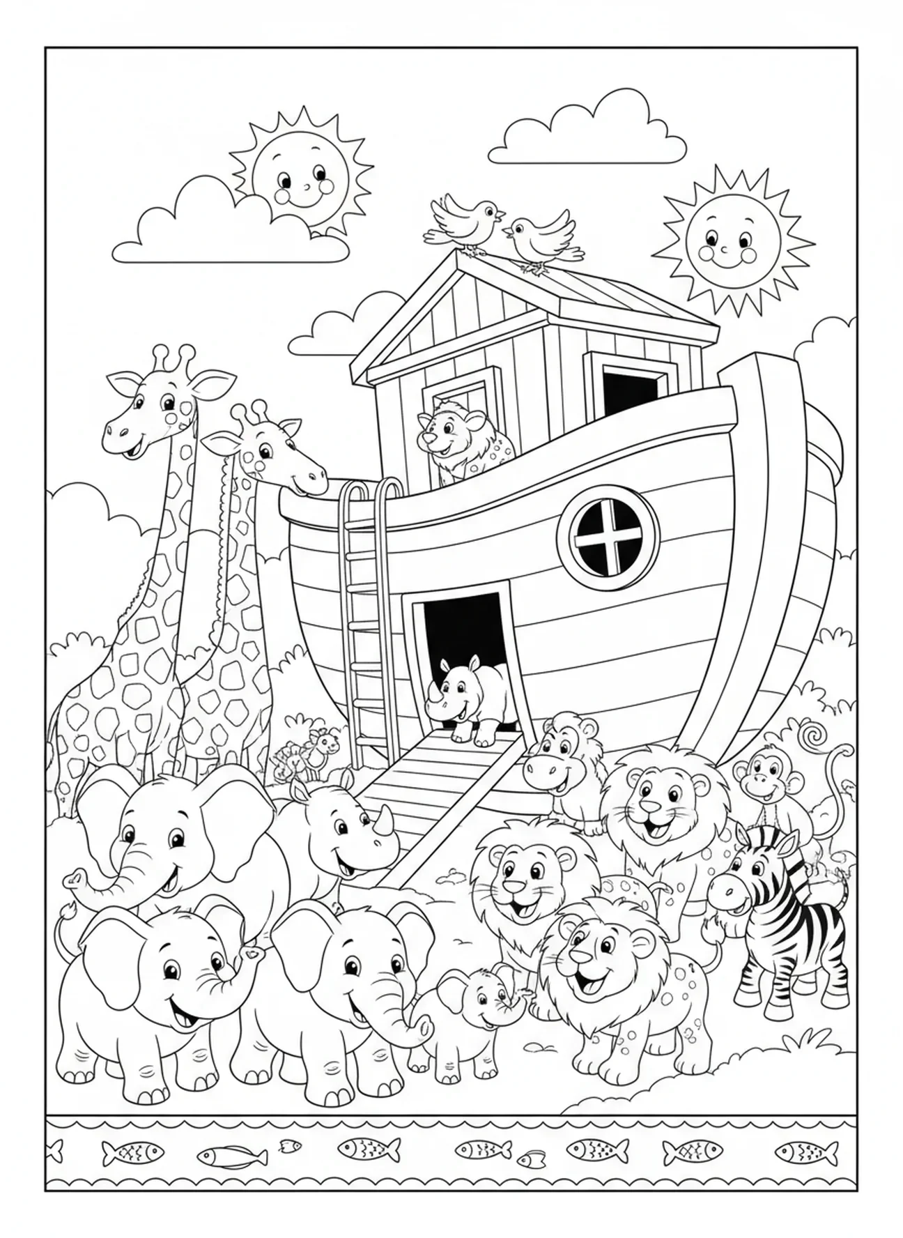 Animales de dibujos animados reunidos, página para colorear del Salmo 100 para niños de 5 a 10 años
