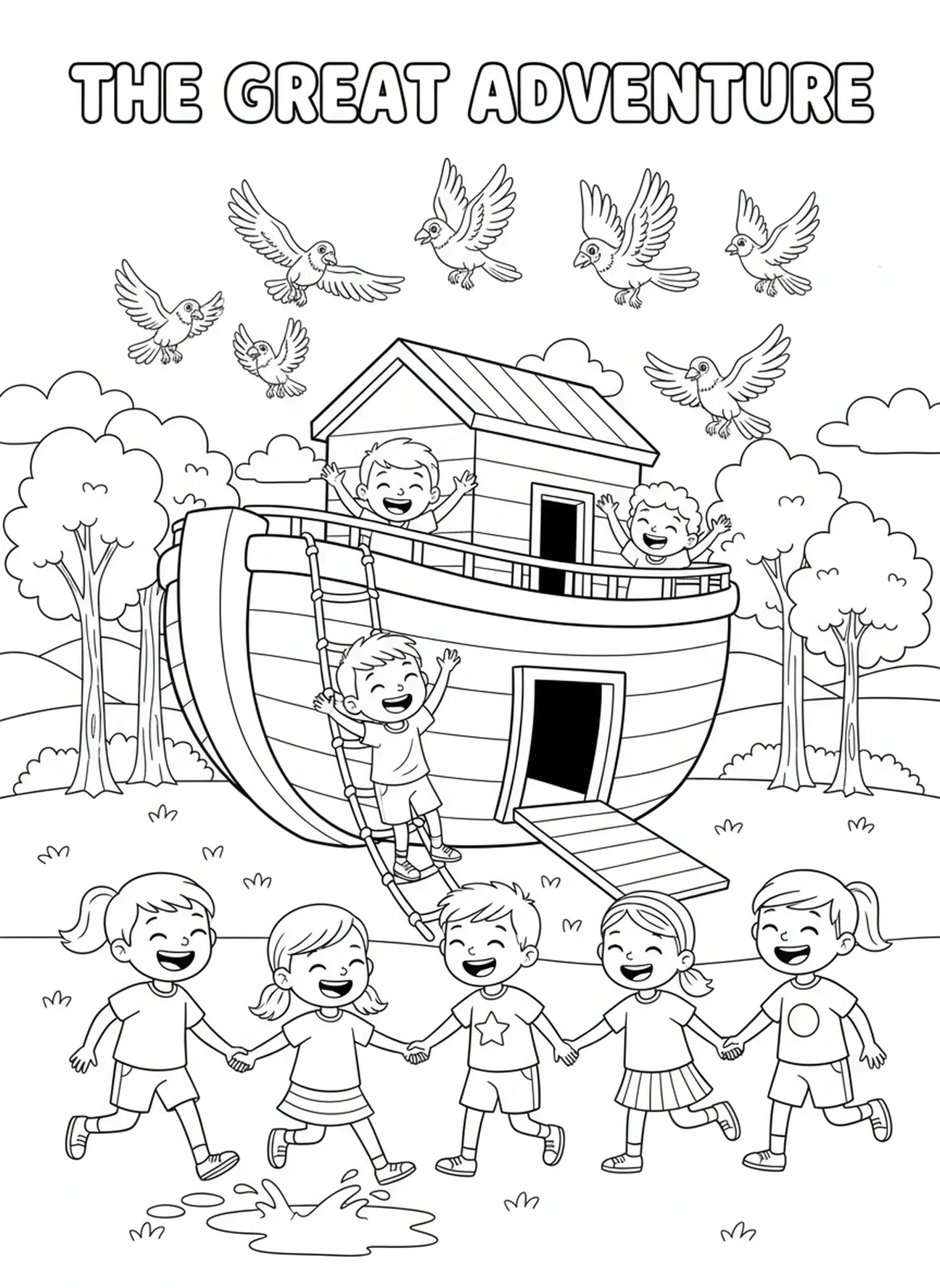 Grupo de amigos felices, página para colorear del Salmo 100 para niños de 5 a 10 años