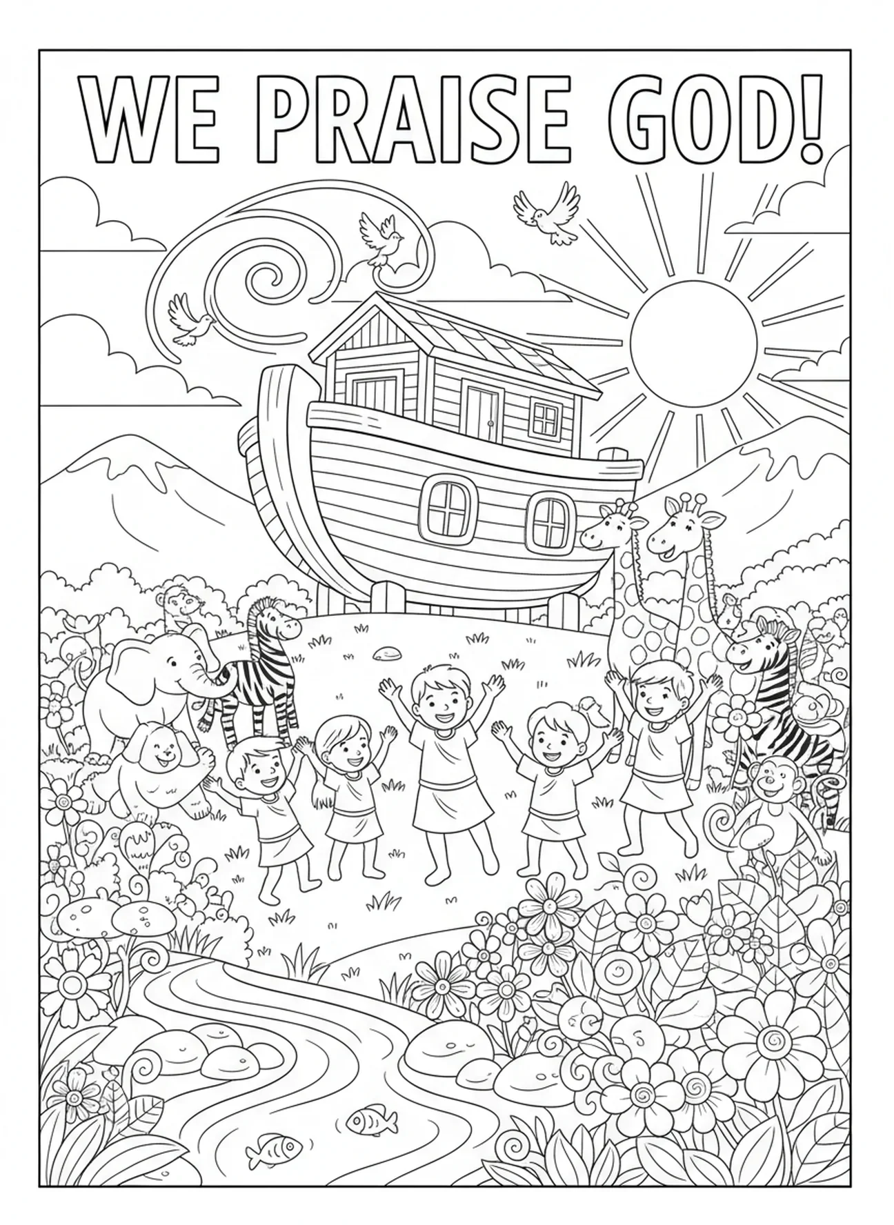 Niños y animales alabando, página para colorear del Salmo 100 para niños de 5 a 10 años