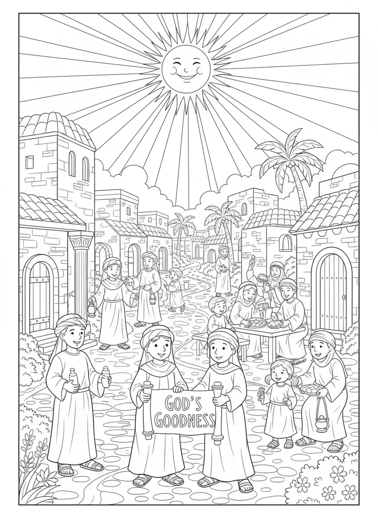 Aldea bajo el sol, página para colorear del Salmo 100 para niños de la Escuela Dominical de 5 a 12 años.