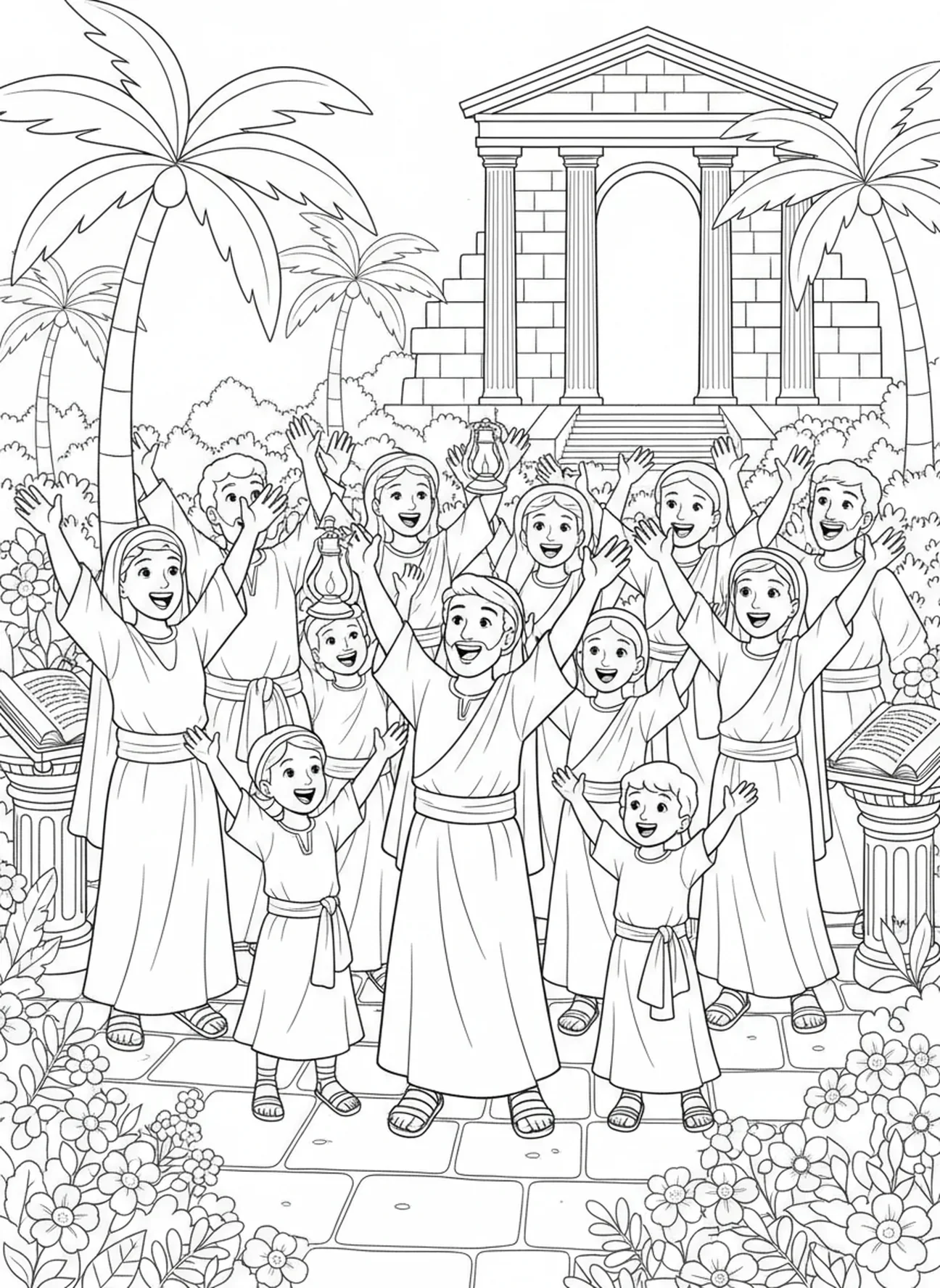 Reunión cantando alabanzas, página para colorear del Salmo 100 para niños de la Escuela Dominical de 5 a 12 años.