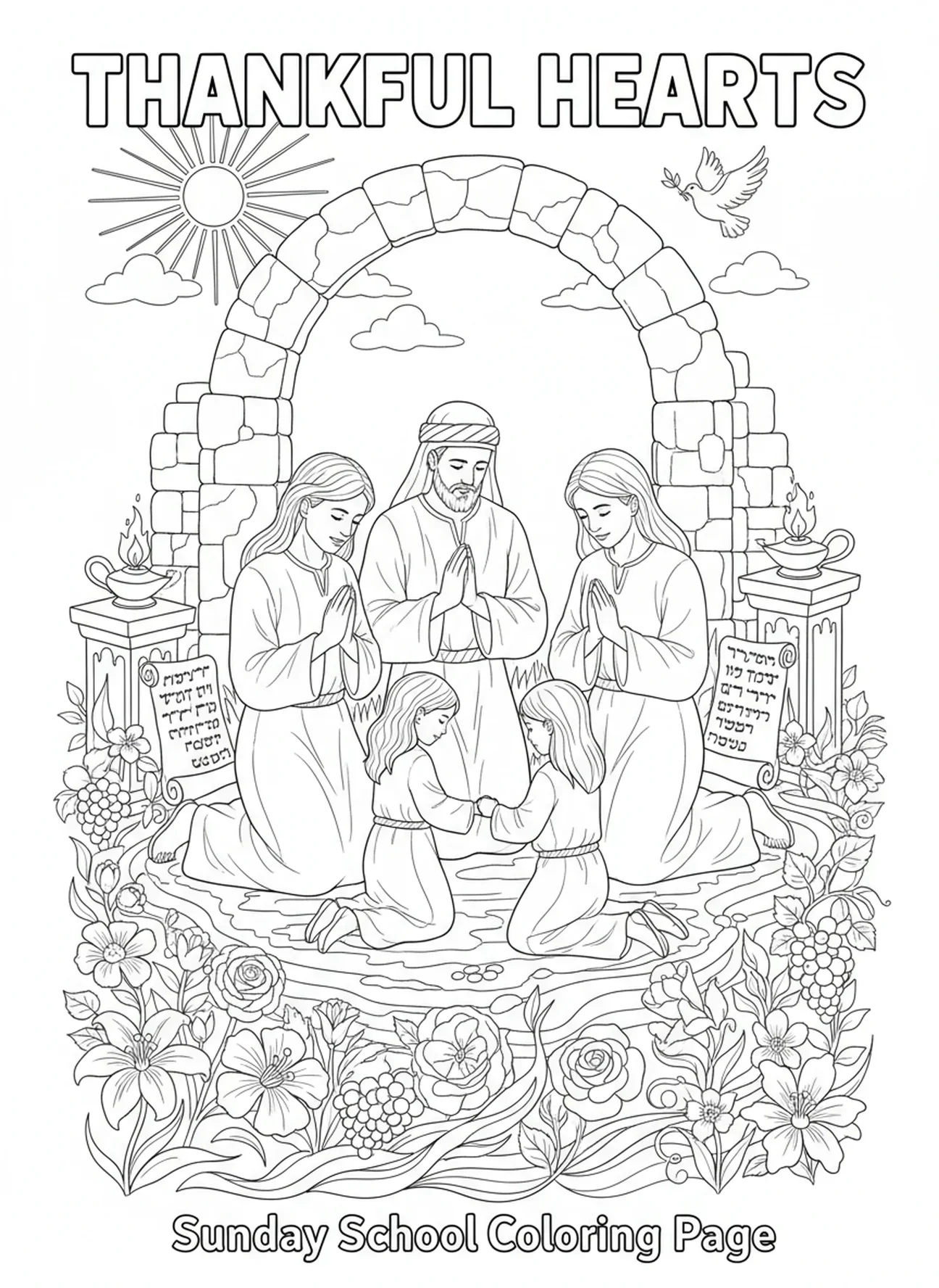 Familia en oración de agradecimiento, página para colorear del Salmo 100 para niños de Escuela Dominical de 5 a 12 años.