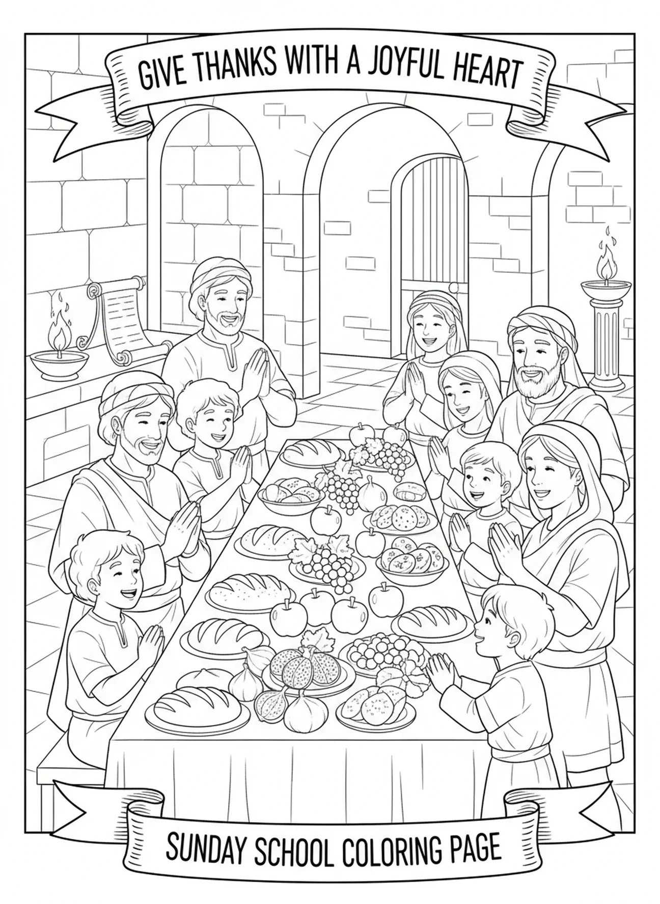 Escena de cena de Acción de Gracias, página para colorear del Salmo 100 para niños de la Escuela Dominical de 5 a 12 años.