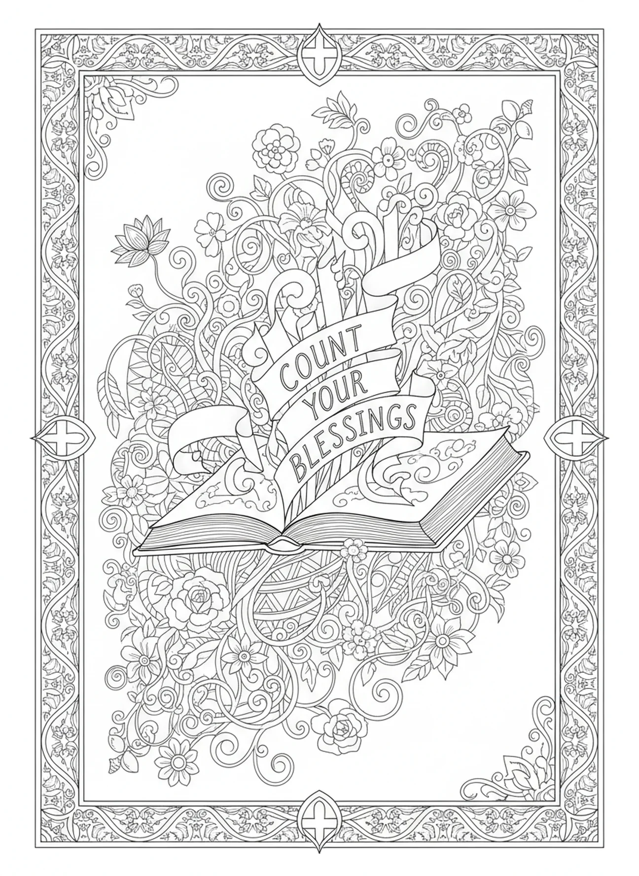 Libro abierto simbolizando bendiciones, página para colorear del Salmo 103 en estilo de journaling bíblico para adultos.